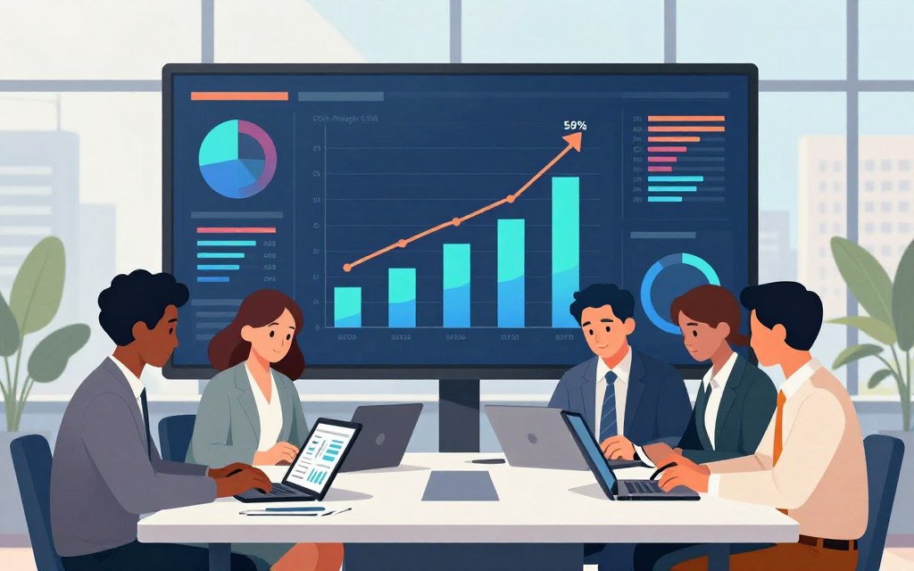 A professional business setting highlighting the concept of click-through rate engagement. In the foreground, a diverse group of four business professionals, dressed in smart casual attire, are gathered around a modern conference table, interacting with digital devices like tablets and laptops displaying analytic charts and graphs. The middle ground features a sleek digital screen wall displaying vibrant data visualizations, such as rising click-through rate percentages and colorful engagement metrics. The background includes large windows revealing a sunny urban landscape, with soft natural light pouring in, enhancing the atmosphere of collaboration and productivity. The overall mood is focused and inspiring, emphasizing the importance of data in marketing strategies.
