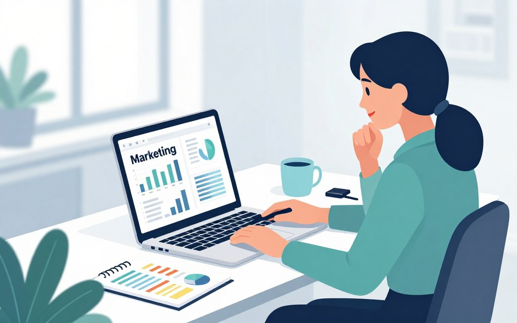 A professional businesswoman in smart casual attire sits at a sleek modern desk, analyzing digital marketing data on her laptop. In the foreground, a notepad filled with colorful charts and notes lies open, emphasizing her strategic approach. The background features a bright office with large windows, allowing natural light to flood the space, creating an inviting atmosphere. She gazes thoughtfully at the screen, with a slight smile that conveys confidence and determination. The mood is focused and productive, reflecting the theme of evaluating marketing strategies for subscription services. Soft blues and greens dominate the color palette, ensuring a calm yet energetic vibe, with clean lines and minimal distractions. The view from a bird's eye angle captures her engaged in deep thought, showcasing the importance of analysis in the subscription business landscape.