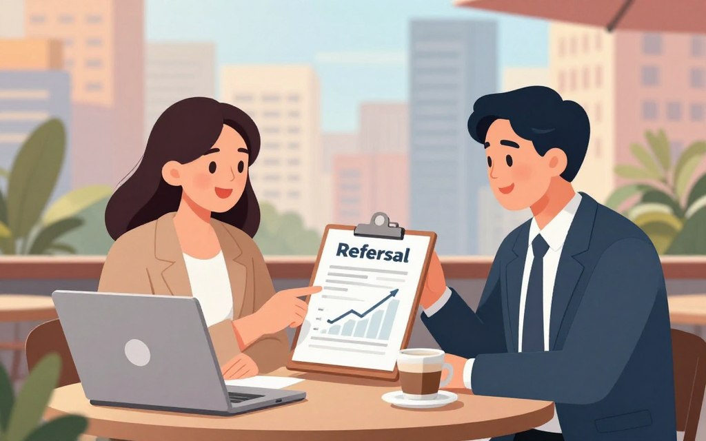 A professional setting depicting a rewarding referral program, showcasing an outdoor cafe scene where two business professionals, a woman in smart casual attire and a man in a business suit, are animatedly discussing a referral strategy. In the foreground, a table with a laptop opened to a graph indicating growth and success. In the middle, a clipboard with referral program details and a coffee cup, representing collaboration and brainstorming. The background features a vibrant cityscape with soft, warm lighting from the afternoon sun, casting gentle shadows. The mood is inviting and optimistic, emphasizing teamwork and achievement. Focused composition with a slight depth of field to ensure clarity on the professionals and the referral documents, while the city remains subtly blurred. A professional setting depicting a rewarding referral program, showcasing an outdoor cafe scene where two business professionals, a woman in smart casual attire and a man in a business suit, are animatedly discussing a referral strategy. In the foreground, a table with a laptop opened to a graph indicating growth and success. In the middle, a clipboard with referral program details and a coffee cup, representing collaboration and brainstorming. The background features a vibrant cityscape with soft, warm lighting from the afternoon sun, casting gentle shadows. The mood is inviting and optimistic, emphasizing teamwork and achievement. Focused composition with a slight depth of field to ensure clarity on the professionals and the referral documents, while the city remains subtly blurred.