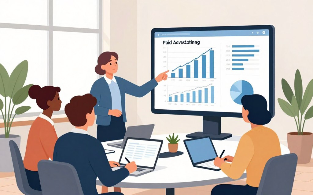 A professional workspace depicted in a soft, well-lit environment, showcasing a large screen displaying graphs and charts related to paid advertising targeting and cost analysis. In the foreground, a diverse group of three business professionals in smart dress observe the data, deep in discussion. One points towards the screen while another takes notes, all appearing engaged and focused. The middle ground features a stylish conference table with laptops and notepads, and potted plants adding a touch of greenery. In the background, large windows allow natural light to flood in, creating a bright, inviting atmosphere. The overall mood conveys collaboration, growth, and strategic planning, emphasizing the importance of understanding paid ads in business.