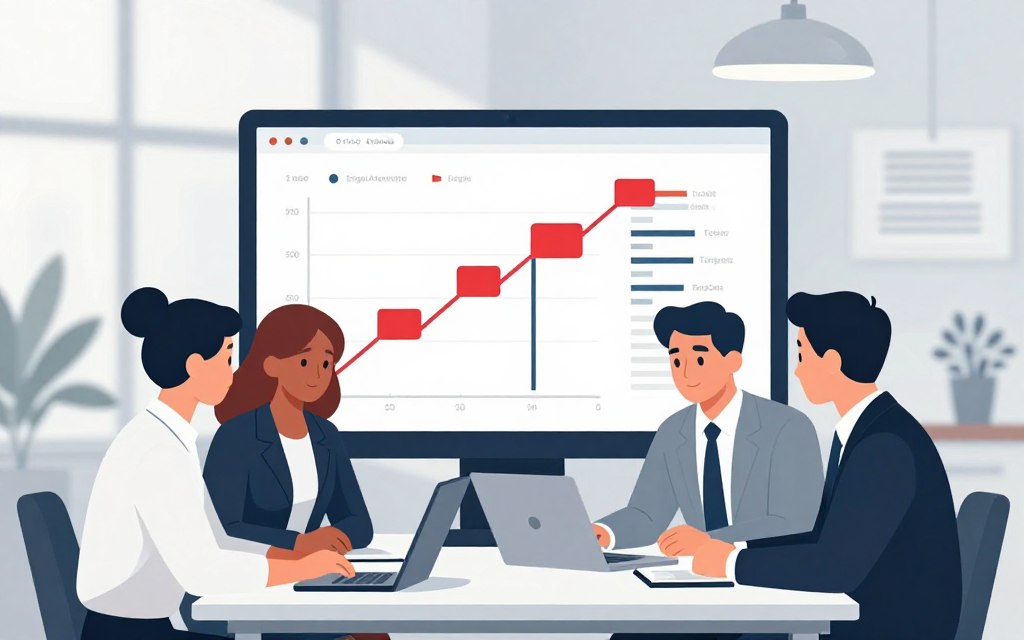 A professional workspace featuring a business team gathered around a table, analyzing digital advertising strategies on a sleek laptop. In the foreground, a diverse group of four individuals—two men and two women—are engaged in a thoughtful discussion, dressed in smart business attire. The middle section highlights a large digital screen displaying graphs and red flags symbolizing common digital advertising mistakes, such as unclear targeting and poor engagement metrics. The background showcases a modern office with soft lighting filtering through large windows, giving the space a bright and airy atmosphere. The overall mood is focused and proactive, emphasizing the importance of strategic planning in digital marketing. A professional workspace featuring a business team gathered around a table, analyzing digital advertising strategies on a sleek laptop. In the foreground, a diverse group of four individuals—two men and two women—are engaged in a thoughtful discussion, dressed in smart business attire. The middle section highlights a large digital screen displaying graphs and red flags symbolizing common digital advertising mistakes, such as unclear targeting and poor engagement metrics. The background showcases a modern office with soft lighting filtering through large windows, giving the space a bright and airy atmosphere. The overall mood is focused and proactive, emphasizing the importance of strategic planning in digital marketing.