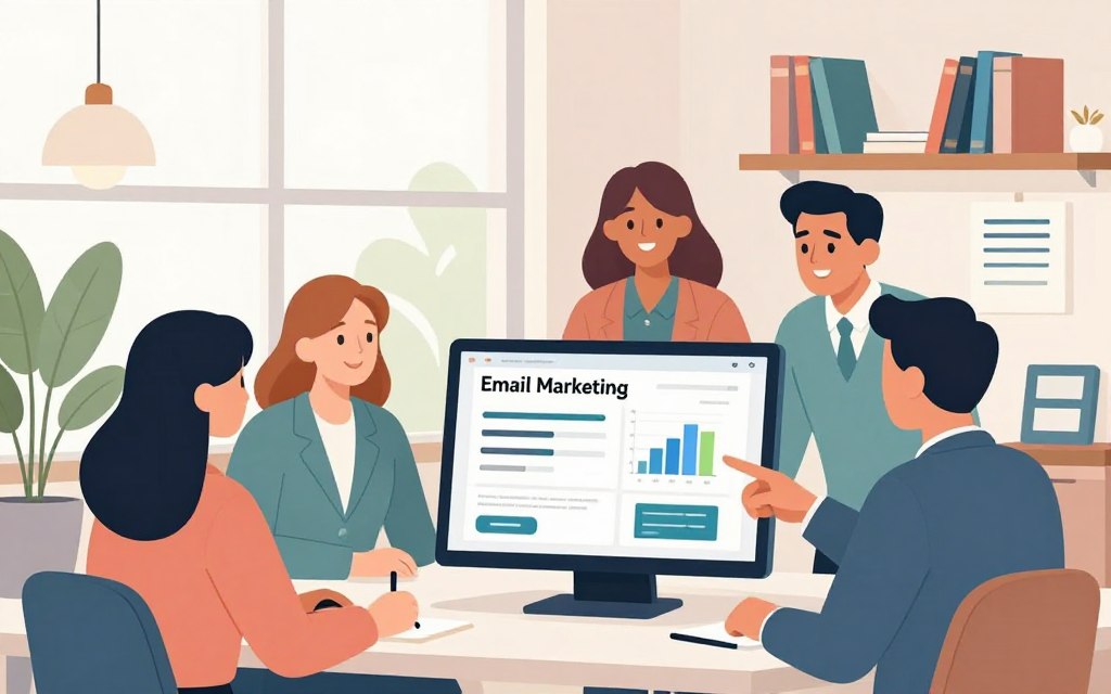 A professional workspace featuring a laptop open to a visually appealing email marketing dashboard, showcasing graphs and referral program metrics. In the foreground, a diverse group of four individuals in professional attire (two women and two men) are engaged in a discussion, pointing at the screen and smiling, representing collaboration and enthusiasm. In the middle ground, a large window lets in soft natural light, highlighting plants and cheerful office decor. The background shows bookshelves filled with marketing books and promotional materials for referral programs. The atmosphere is vibrant and motivating, creating a sense of productivity and innovation, with soft pastel colors dominating the scene.