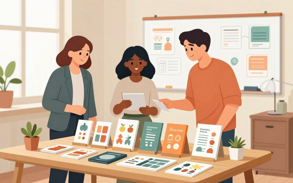 A small, brightly lit workspace featuring neatly arranged products and service displays on a wooden table. In the foreground, an organized array of colorful, budget-friendly product samples, like handmade crafts and eco-friendly items, attracts the viewer's attention. In the middle, a diverse group of three people dressed in professional business attire and modest casual clothing collaborate, examining the products with smiles, showcasing teamwork. The background includes a whiteboard with sketches of promotional ideas and a window letting in soft natural light, creating a warm atmosphere. The entire scene captures the essence of creativity and resourcefulness in advertising, focusing on the positive energy of small business marketing efforts. The color palette is soft and inviting, emphasizing clarity and organization without clutter.