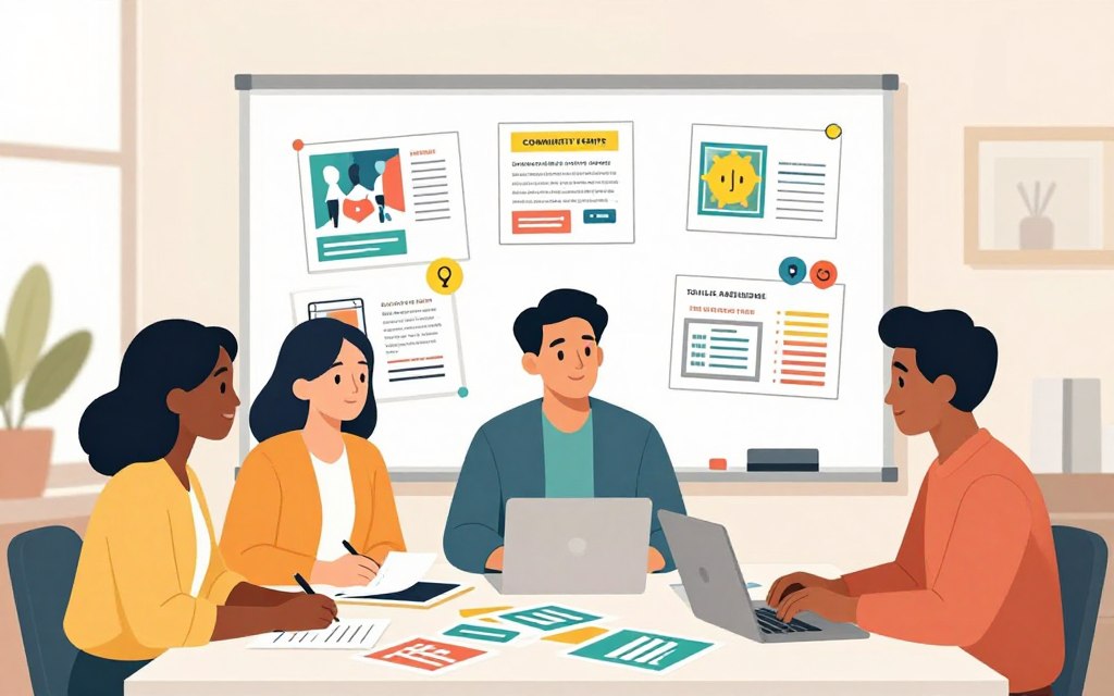 A vibrant and engaging workspace showcasing cost-effective small business advertising strategies. In the foreground, a diverse group of three professionals—one woman and two men—are discussing ideas around a table cluttered with colorful marketing materials like flyers and business cards. They are dressed in smart casual attire, exuding an atmosphere of collaboration. The middle ground features a large whiteboard filled with sketches of innovative advertising ideas such as social media posts, community events, and email campaigns. In the background, warm natural lighting enters through large windows, creating an inviting and energizing environment. The focus is clear, emphasizing teamwork and creativity, with soft, muted colors that evoke a sense of positivity and approachability. A vibrant and engaging workspace showcasing cost-effective small business advertising strategies. In the foreground, a diverse group of three professionals—one woman and two men—are discussing ideas around a table cluttered with colorful marketing materials like flyers and business cards. They are dressed in smart casual attire, exuding an atmosphere of collaboration. The middle ground features a large whiteboard filled with sketches of innovative advertising ideas such as social media posts, community events, and email campaigns. In the background, warm natural lighting enters through large windows, creating an inviting and energizing environment. The focus is clear, emphasizing teamwork and creativity, with soft, muted colors that evoke a sense of positivity and approachability.