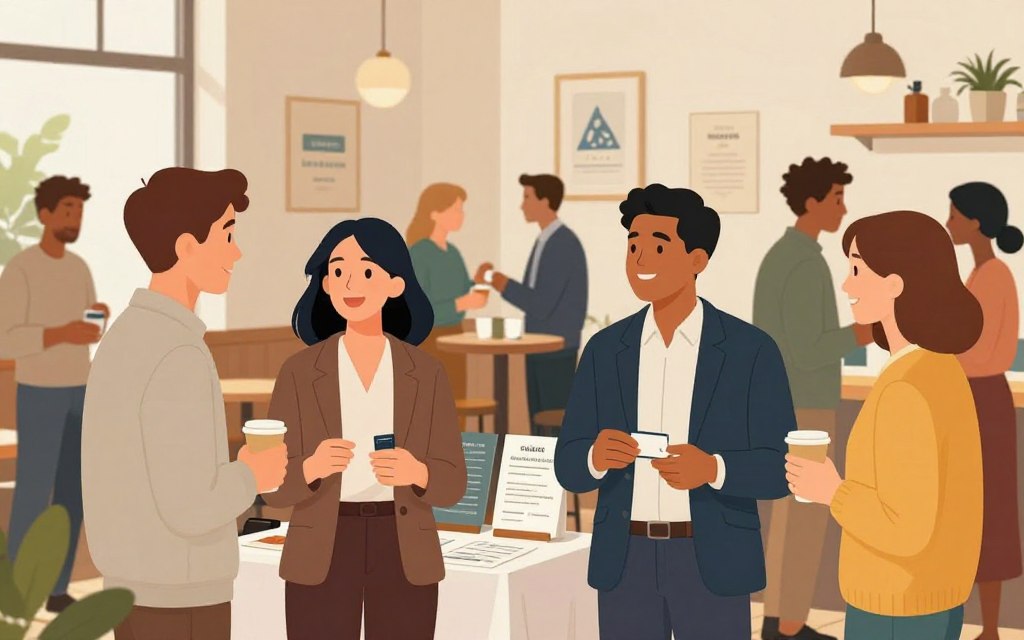 A vibrant local networking event scene, featuring a diverse group of professionals engaging in conversation and exchanging business cards. In the foreground, a mixed-gender pair dressed in professional business attire share a laugh over refreshments, while other attendees mingle in the background. The middle ground showcases a small table adorned with brochures and flyers promoting local businesses. Soft, warm lighting illuminates the space, creating a welcoming atmosphere, with a cozy venue ambiance reminiscent of a coffee shop or community center. The background reveals decorations with local art and subtle branding elements. The overall mood feels collaborative and energetic, capturing the essence of building business partnerships through local events.
