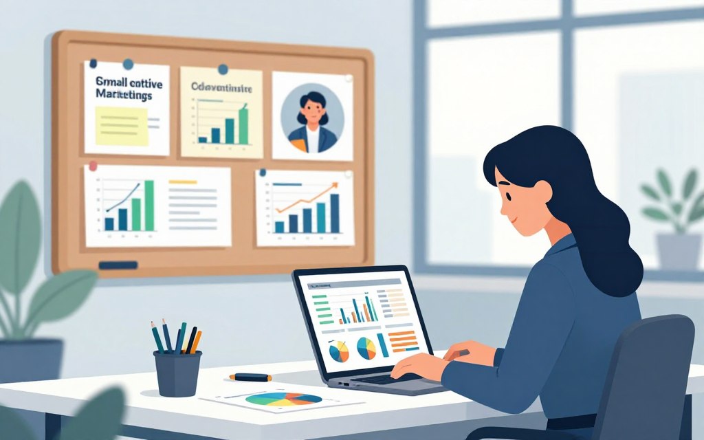 A vibrant workspace scene showcasing diverse small business strategies. In the foreground, a professional businesswoman in smart attire sits at a desk, analyzing a budget spreadsheet on a laptop, surrounded by colorful graphs and charts. On the middle ground, a bulletin board displays visually appealing notes about referral marketing and cost-effective advertising concepts, with images of happy customers and key performance indicators. The background reveals a bright, modern office with large windows, letting in soft, natural light. Use a shallow depth of field to emphasize the businesswoman while softly blurring the bulletin board and office space. The atmosphere is optimistic and productive, showcasing a thoughtful and strategic approach to maximizing small budgets, with a balanced color palette of blues and greens, reflecting growth and creativity.