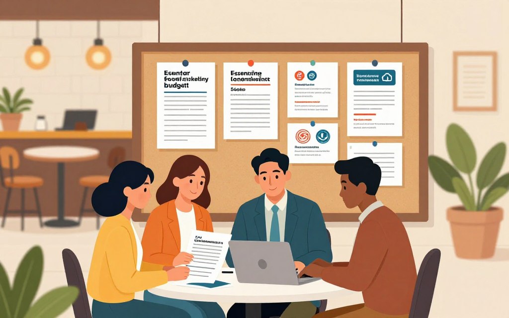A visually engaging illustration depicting essential local marketing ideas on a budget. In the foreground, a diverse group of three professionals (two women and one man) in smart casual clothing, collaborating around a small table, surrounded by marketing materials like flyers and a laptop. The middle ground features a bulletin board with pinned local events, social media graphics, and community partnership logos. The background showcases a cozy local café with warm lighting and vibrant plants, suggesting a community-oriented atmosphere. Use soft, natural colors to create an inviting and optimistic mood. The composition should be well-organized, guiding the viewer's eye from the collaborative discussion to the marketing materials and the lively café setting. Opt for a slightly elevated angle to capture depth and context without clutter.