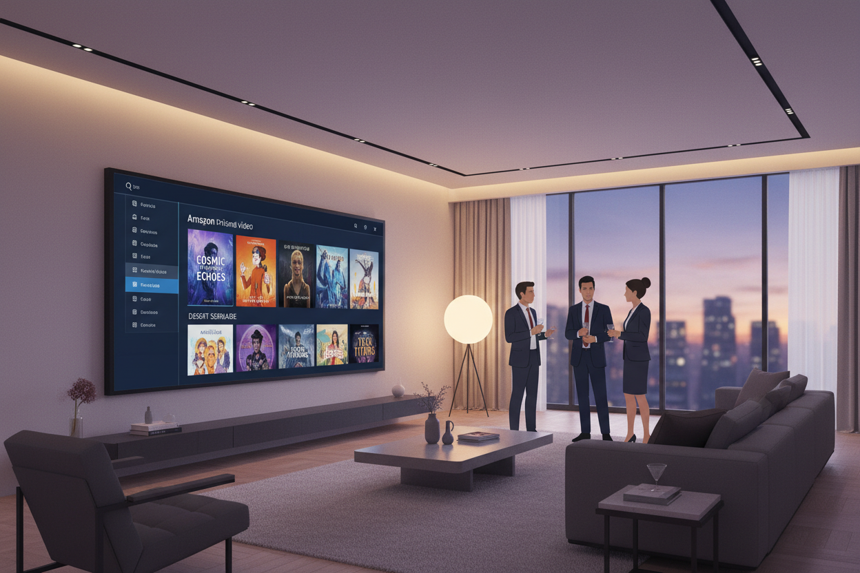 A cinematic wide shot of a modern living room at dusk, a large sleek television screen displaying the Amazon Prime Video home interface with high-quality original series covers, soft ambient lighting, 8k resolution, photorealistic style. A cinematic wide shot of a modern living room at dusk, a large sleek television screen displaying the Amazon Prime Video home interface with high-quality original series covers, soft ambient lighting, 8k resolution, photorealistic style.