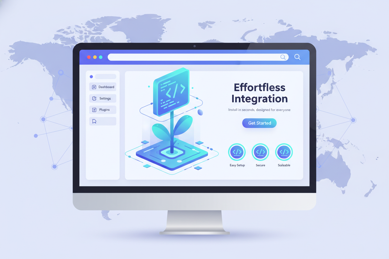 A close-up 3D illustration of a glowing digital code snippet being placed onto a stylized website homepage, representing easy technical installation. A close-up 3D illustration of a glowing digital code snippet being placed onto a stylized website homepage, representing easy technical installation.