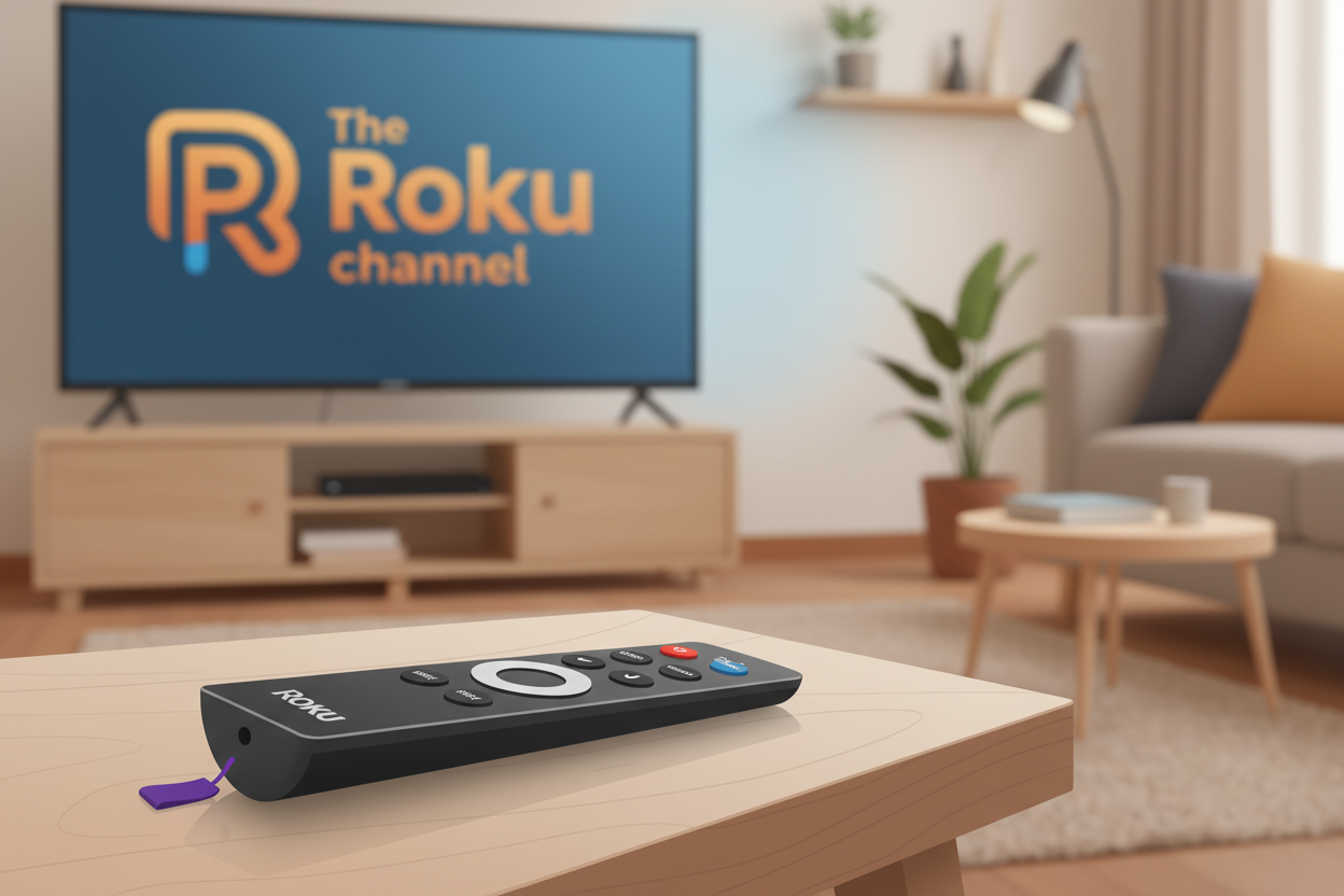A close-up of a Roku remote control resting on a wooden table, with a blurred TV screen in the background showing the Roku Channel logo. A close-up of a Roku remote control resting on a wooden table, with a blurred TV screen in the background showing the Roku Channel logo.