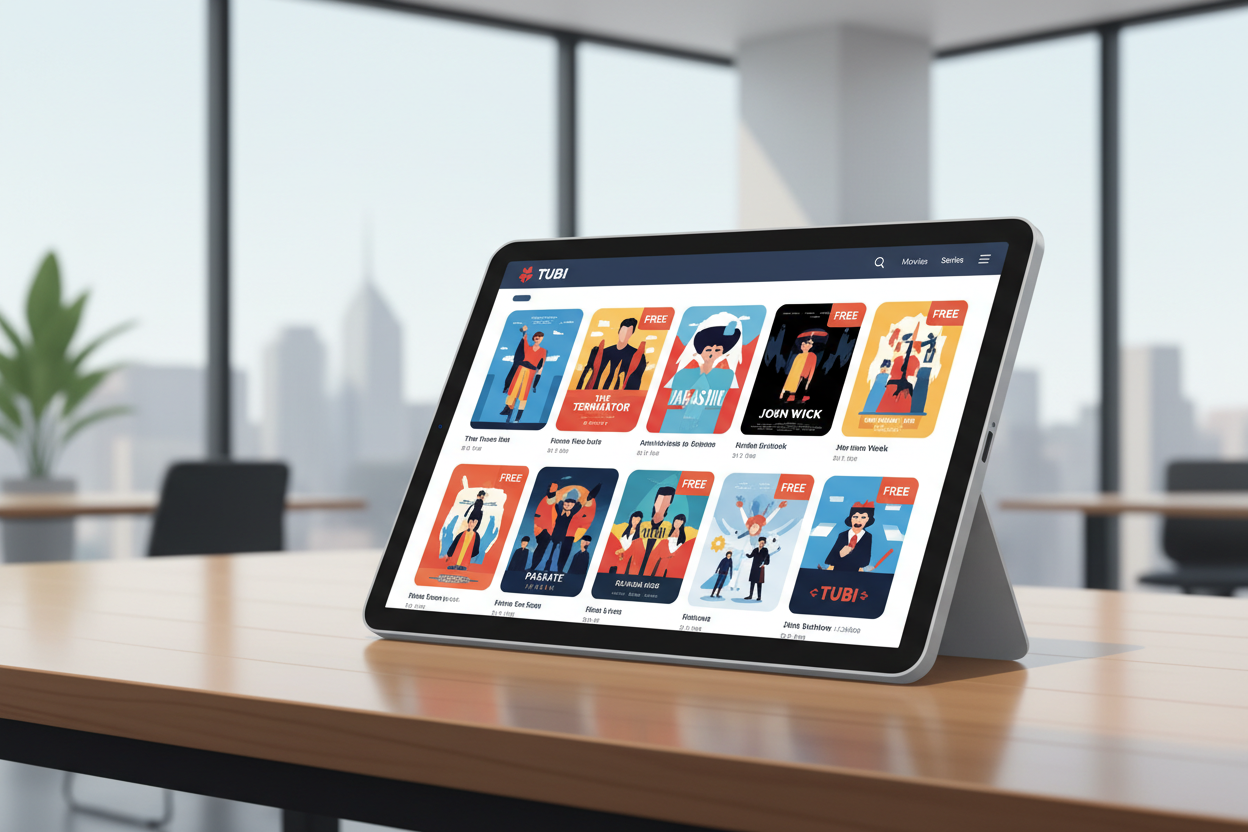 A close-up of a digital tablet screen showing the Tubi app interface with many popular movie posters and a "Free" badge prominently displayed. A close-up of a digital tablet screen showing the Tubi app interface with many popular movie posters and a "Free" badge prominently displayed.