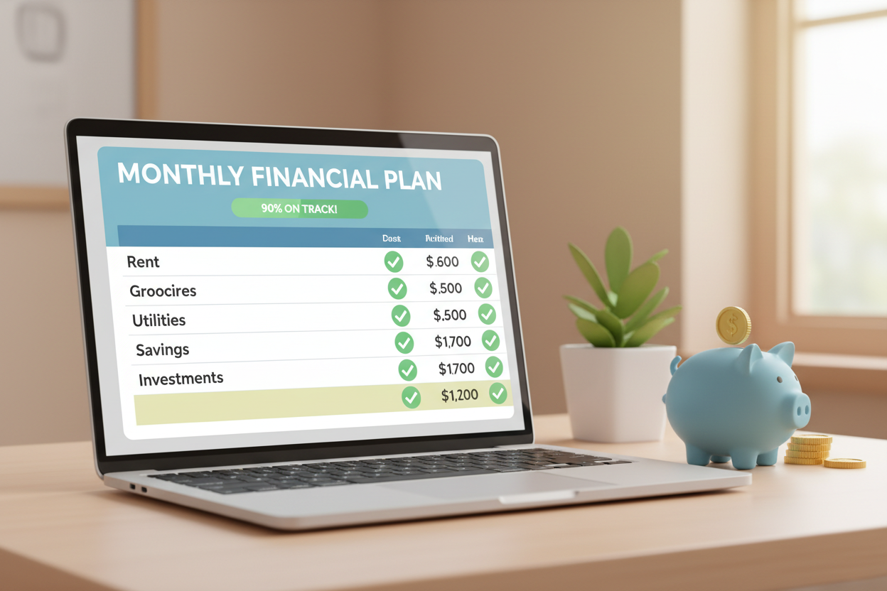 A close-up of a laptop screen displaying a transparent budget breakdown with green checkmarks, a small piggy bank on the desk, warm and encouraging atmosphere. A close-up of a laptop screen displaying a transparent budget breakdown with green checkmarks, a small piggy bank on the desk, warm and encouraging atmosphere.