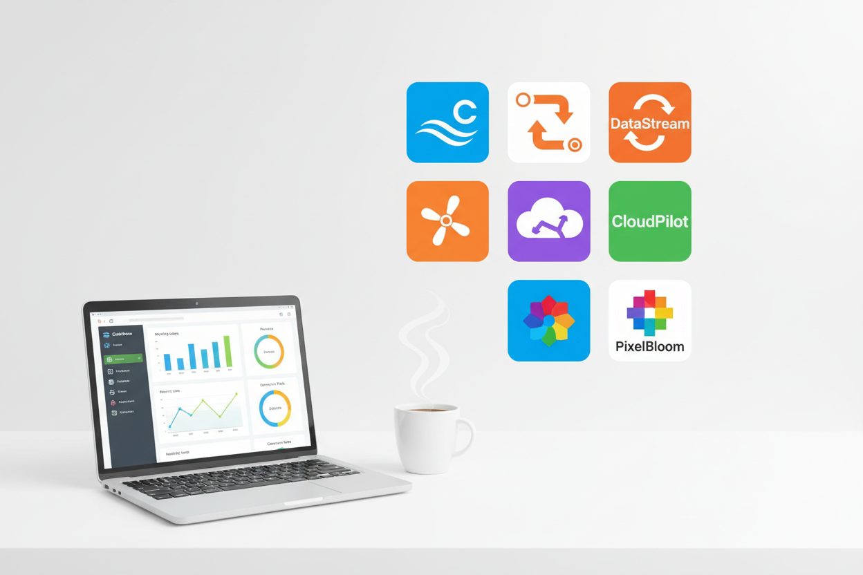A collection of colorful software logos on a clean white desk, with a laptop showing a marketing dashboard and a cup of coffee nearby, professional photography style. A collection of colorful software logos on a clean white desk, with a laptop showing a marketing dashboard and a cup of coffee nearby, professional photography style.
