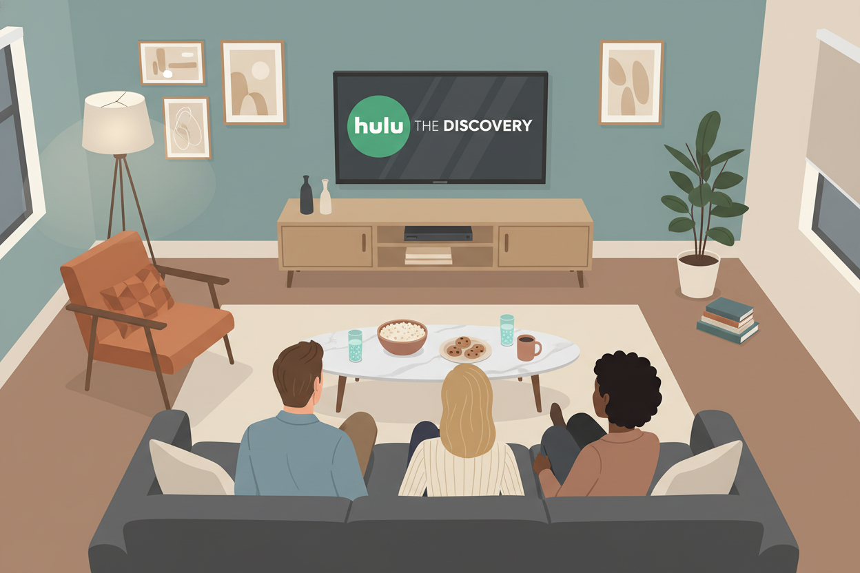 A cozy living room setting featuring diverse adult viewers engaged with a large screen displaying Hulu content. In the foreground, a group of three friends—one man and two women, dressed in casual yet professional attire—sitting comfortably on a plush sofa, their expressions reflecting enjoyment and concentration. The middle ground showcases various pieces of modern, minimalist furniture, including a stylish coffee table with snacks and drinks. The background displays a soft-lit ambiance, with warm lighting emanating from floor lamps, creating an inviting atmosphere. The walls are adorned with subtle decorations, maintaining a serene and uncluttered look. Capture this scene from a slightly elevated angle, emphasizing the interaction between the viewers and the screen, illustrating the communal experience of watching streaming content.