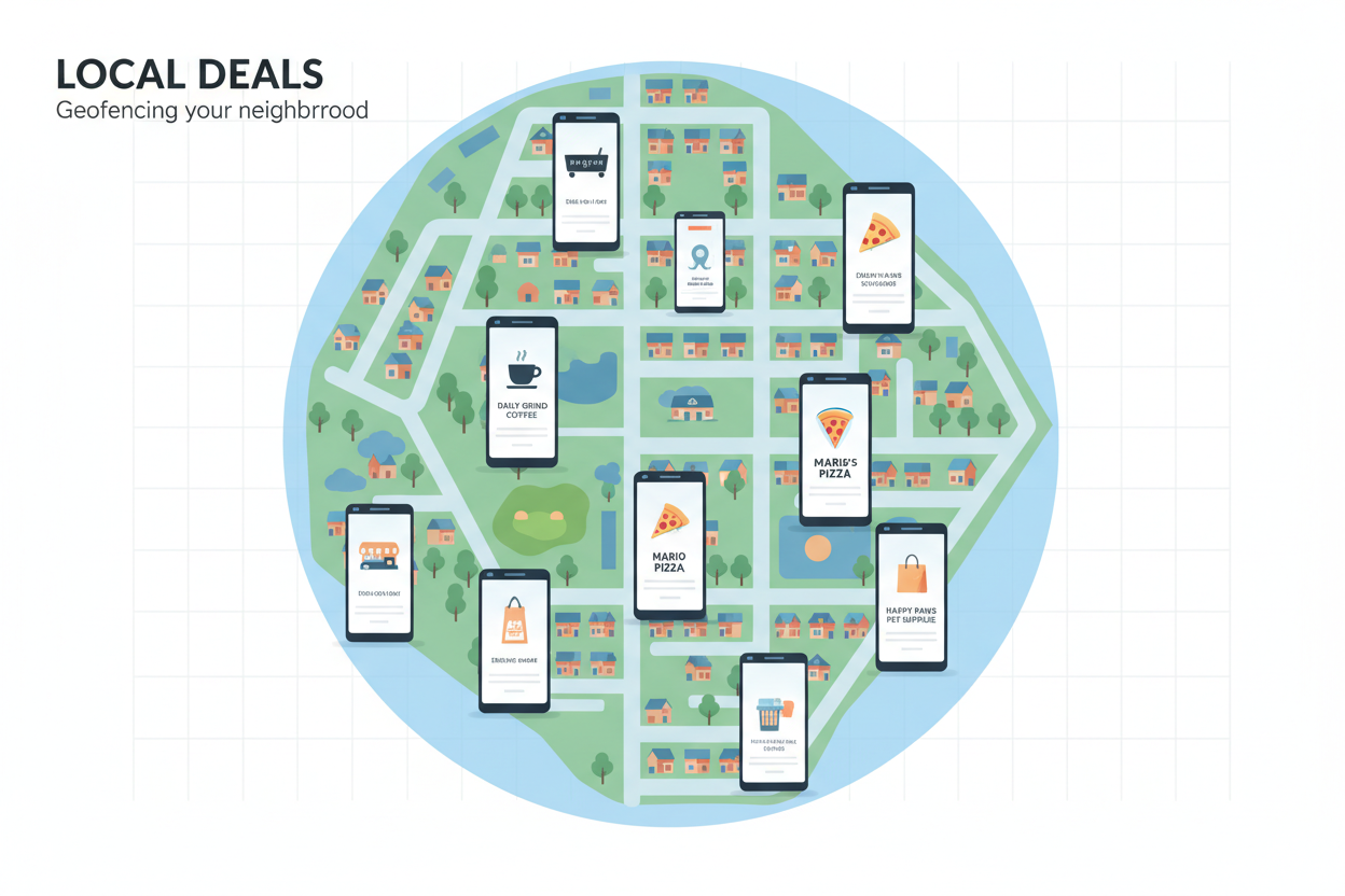 A creative illustration of a digital map with a geofencing circle over a suburban neighborhood, mobile phone icons popping up with local shop ads, clean vector style. A creative illustration of a digital map with a geofencing circle over a suburban neighborhood, mobile phone icons popping up with local shop ads, clean vector style.