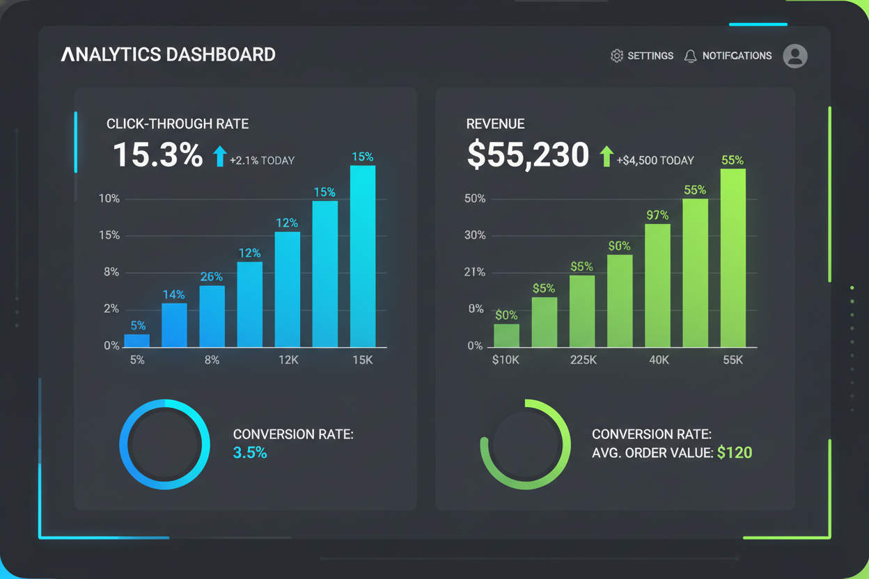 A digital dashboard interface showing analytics for click-through rates and revenue, with bright blue and green bar graphs on a dark background. A digital dashboard interface showing analytics for click-through rates and revenue, with bright blue and green bar graphs on a dark background.