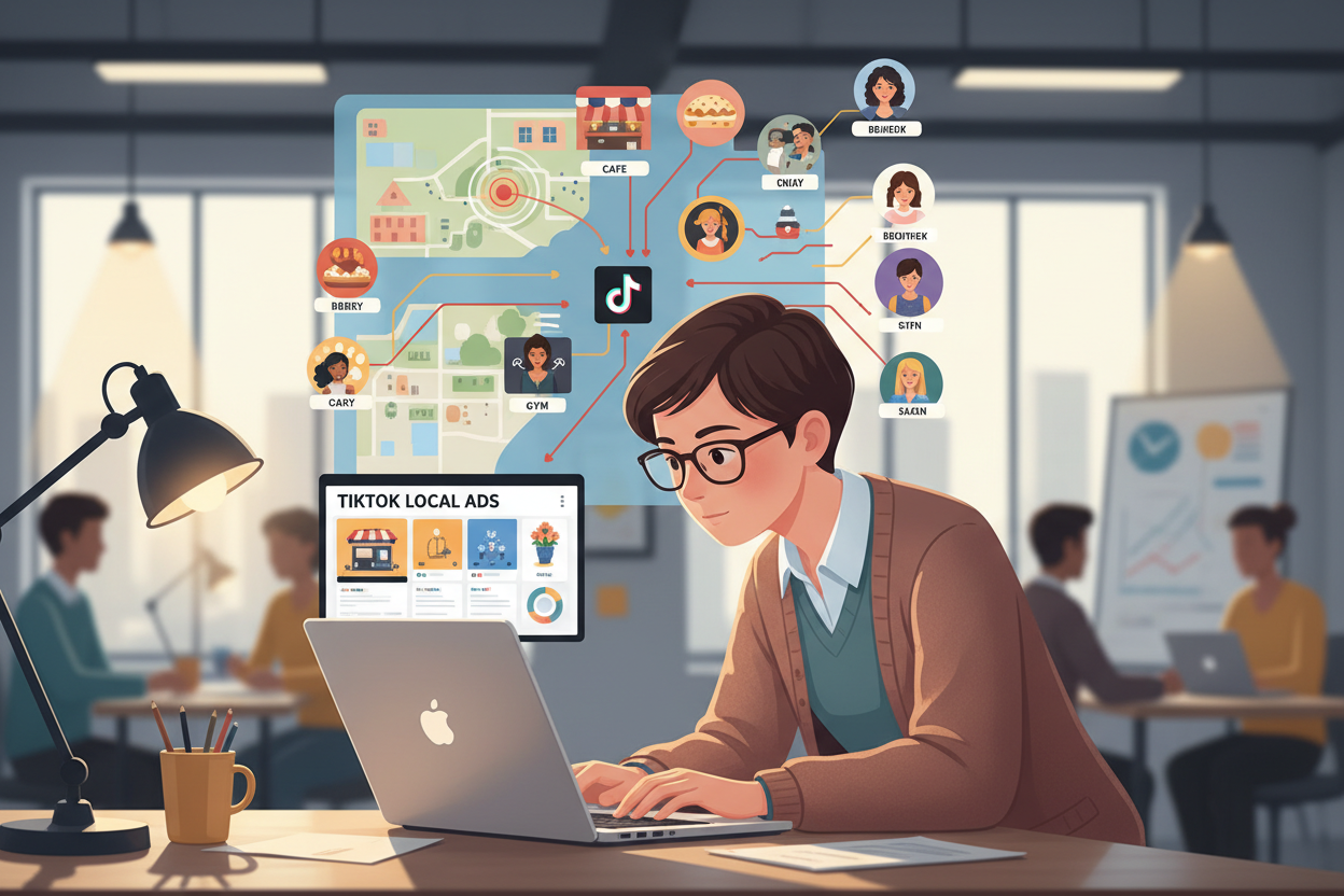 A digital marketing scene showcasing a professional working on TikTok ads for local businesses. In the foreground, a focused individual in smart casual attire, analyzing data on a laptop, with TikTok ad graphics displayed on the screen. The middle layer reveals a vibrant, colorful infographic representing local targeting strategies, including maps, demographics, and icons of local businesses. The background features a soft, blurred office environment with warm lighting that suggests productivity and creativity. The atmosphere should feel collaborative and innovative, reflecting the excitement around effective local advertising strategies. Use a shallow depth of field to emphasize the subject, ensuring a clean, unobtrusive composition with soft colors to maintain clarity and focus. A digital marketing scene showcasing a professional working on TikTok ads for local businesses. In the foreground, a focused individual in smart casual attire, analyzing data on a laptop, with TikTok ad graphics displayed on the screen. The middle layer reveals a vibrant, colorful infographic representing local targeting strategies, including maps, demographics, and icons of local businesses. The background features a soft, blurred office environment with warm lighting that suggests productivity and creativity. The atmosphere should feel collaborative and innovative, reflecting the excitement around effective local advertising strategies. Use a shallow depth of field to emphasize the subject, ensuring a clean, unobtrusive composition with soft colors to maintain clarity and focus.