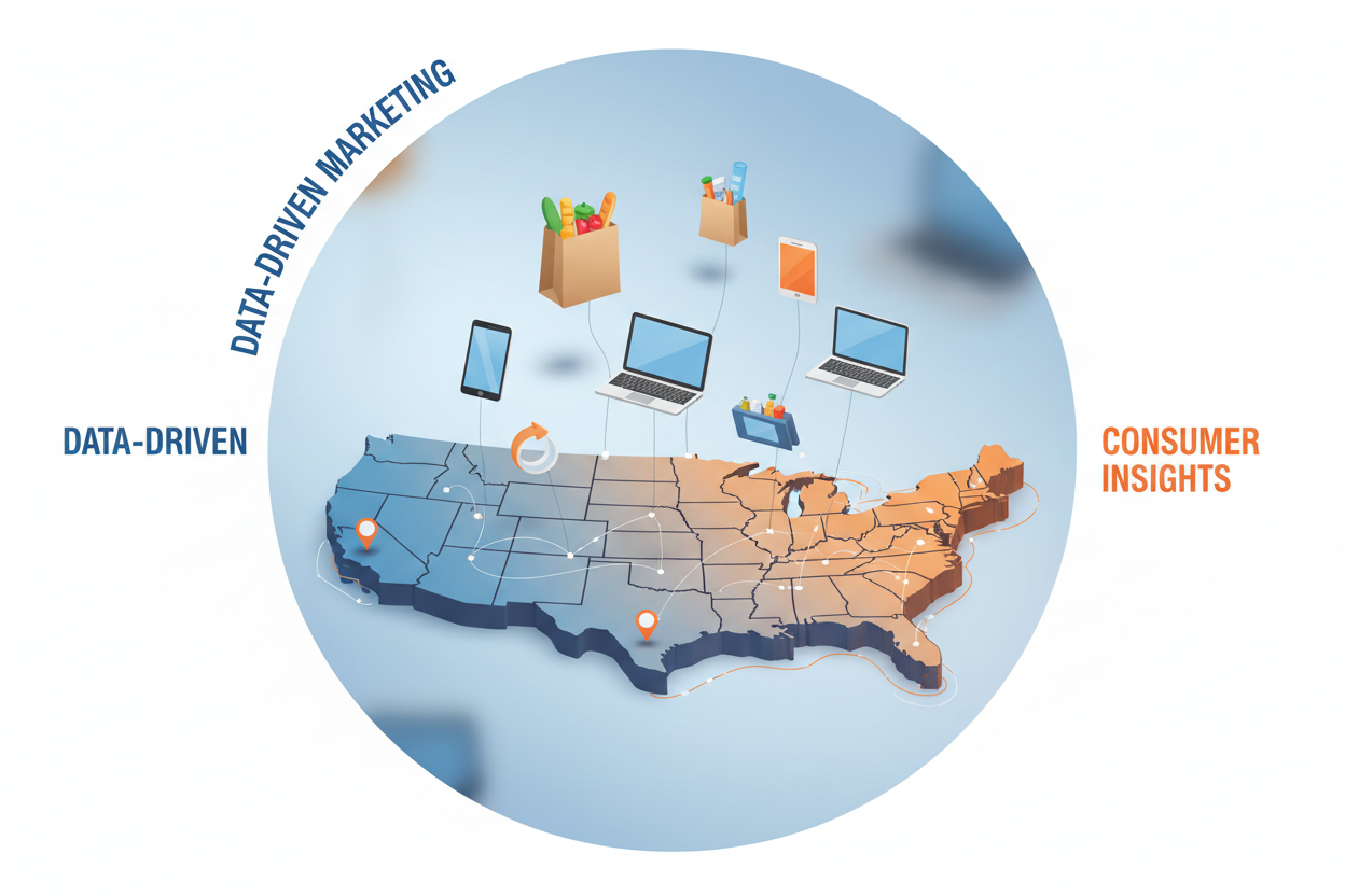 A digital visualization of consumer shopping icons like grocery bags and electronics floating over a 3D map of the United States, representing data-driven marketing, vibrant blue and orange colors.