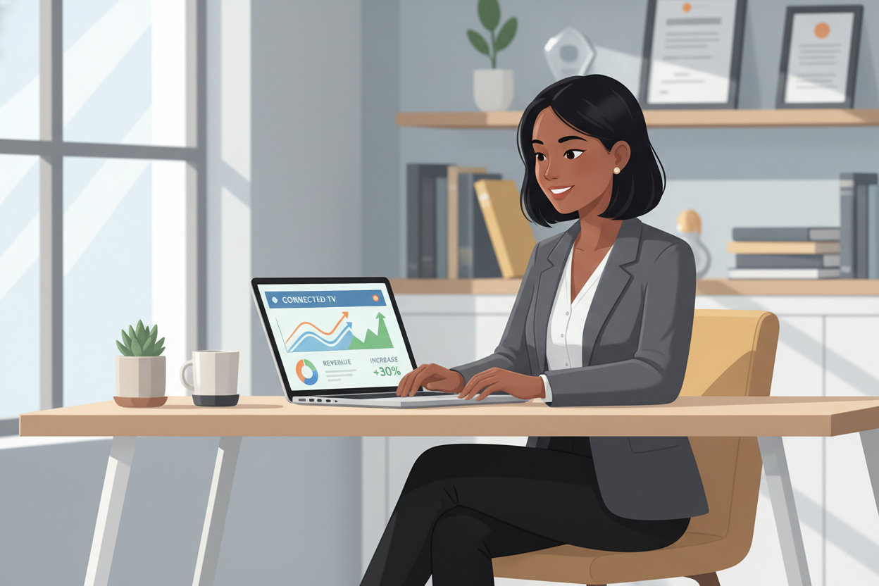 A friendly small business owner sitting at a modern desk, looking at a laptop screen displaying a simplified CTV advertising dashboard with colorful growth charts, soft office lighting, high-quality photography style. A friendly small business owner sitting at a modern desk, looking at a laptop screen displaying a simplified CTV advertising dashboard with colorful growth charts, soft office lighting, high-quality photography style.