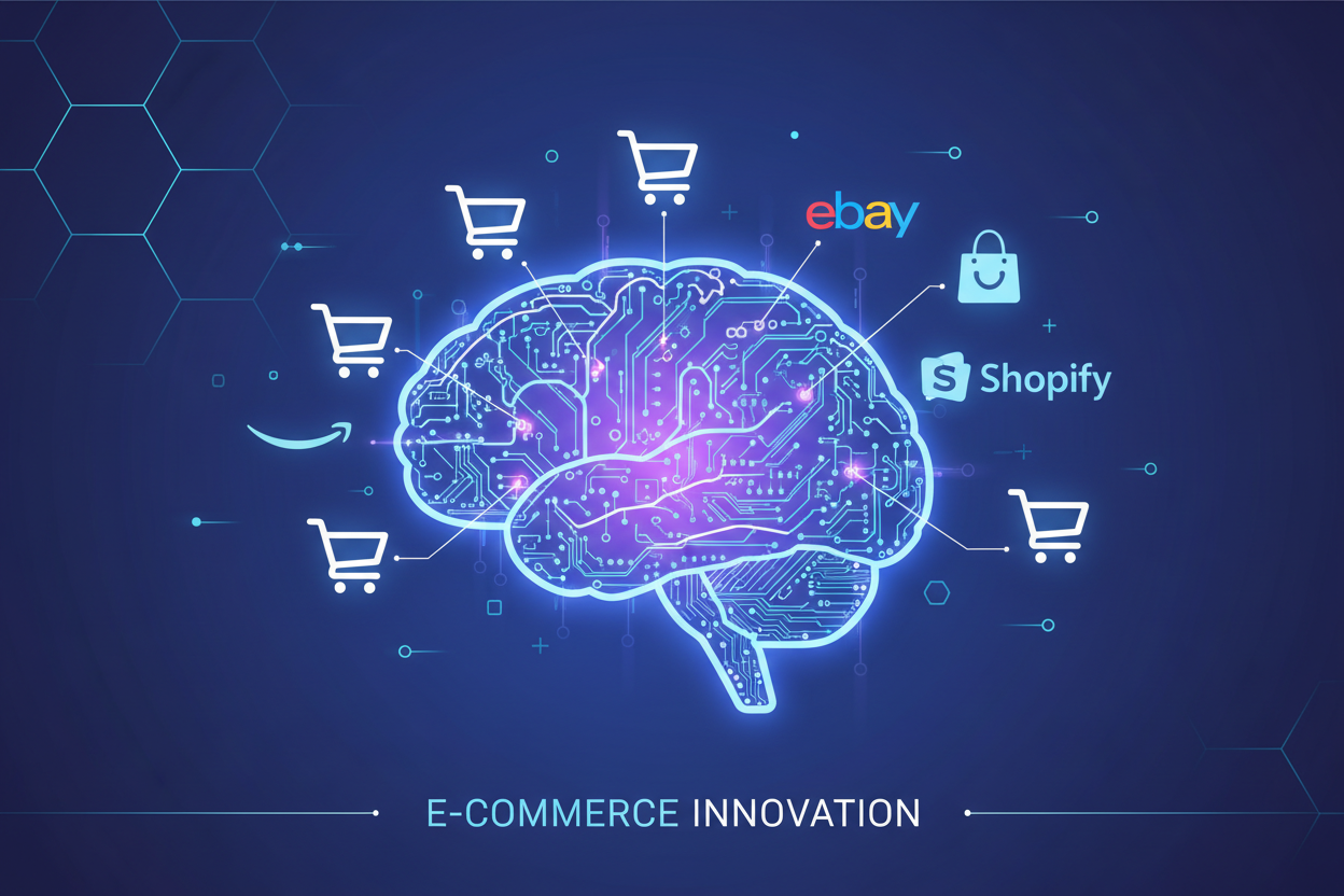 A glowing human brain made of digital circuits, connecting to various shopping cart icons and retail website logos, futuristic and clean aesthetic.