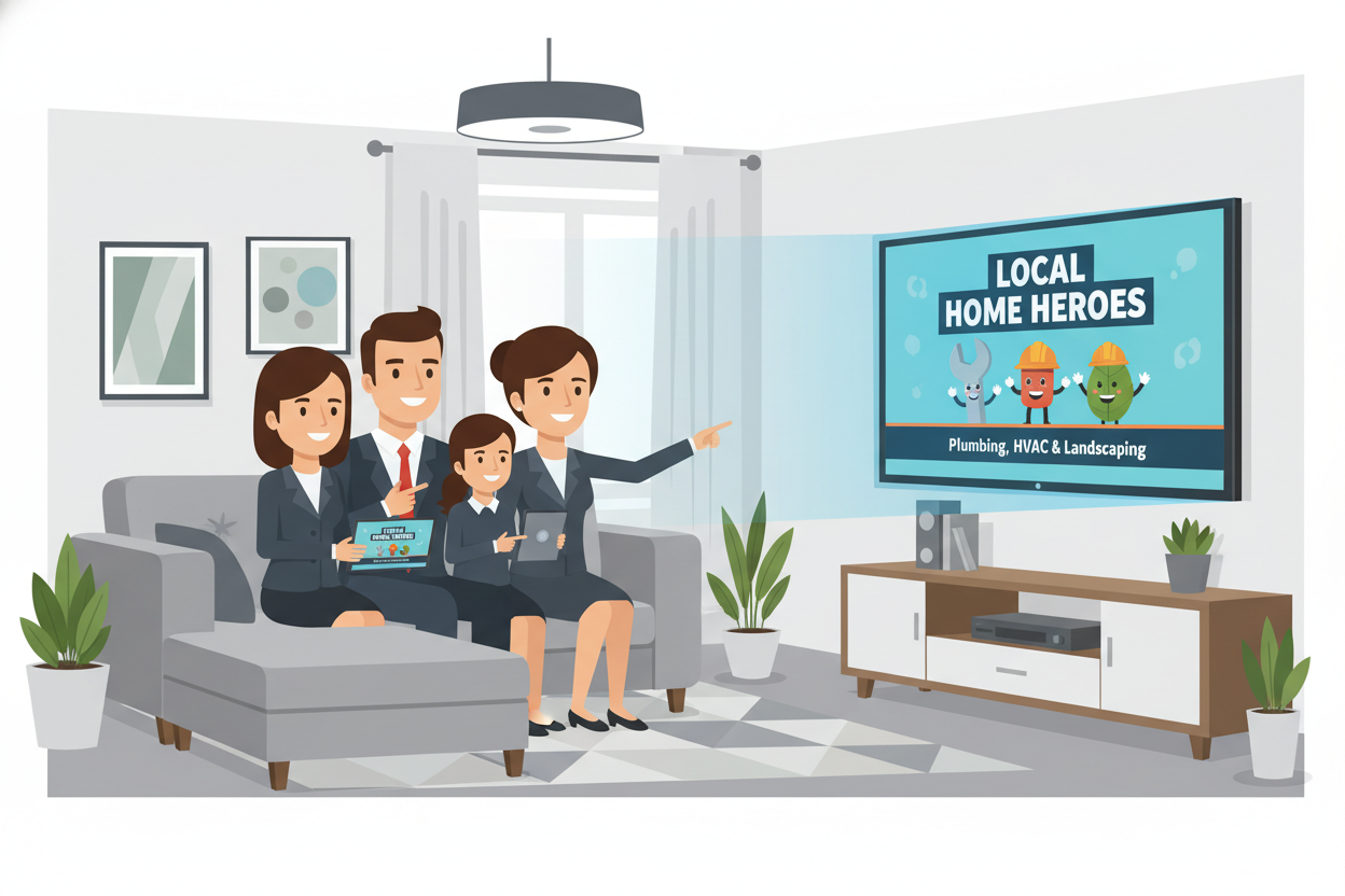 A high-definition image of a modern living room where a family is watching a colorful, professional-looking commercial for a local home service business on a large smart TV. A high-definition image of a modern living room where a family is watching a colorful, professional-looking commercial for a local home service business on a large smart TV.