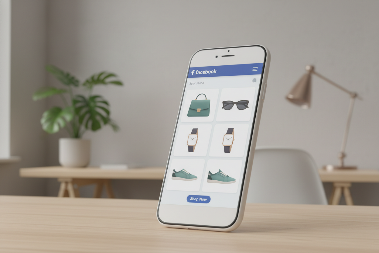 A high-quality 3D render of a smartphone displaying a Facebook carousel ad with various fashion items, a clean modern office background with soft lighting, professional aesthetic. A high-quality 3D render of a smartphone displaying a Facebook carousel ad with various fashion items, a clean modern office background with soft lighting, professional aesthetic.