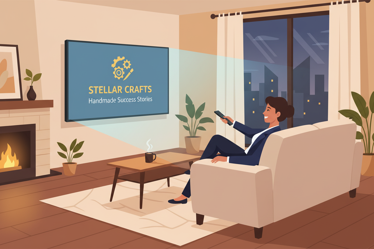 A high-quality, cinematic wide shot of a cozy living room where a small business owner is happily watching their own professional brand advertisement on a large Amazon Fire TV screen, warm lighting, 8k resolution.
