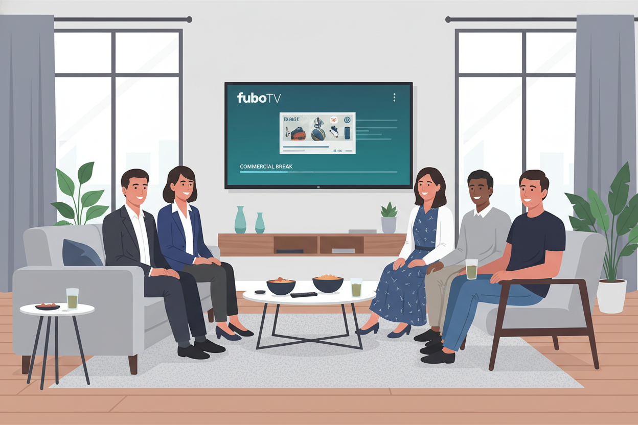 A high-quality photo of a modern American living room where a group of diverse friends are excitedly watching a live professional soccer match on a large smart TV, with the FuboTV interface clearly visible on the screen during a commercial break. A high-quality photo of a modern American living room where a group of diverse friends are excitedly watching a live professional soccer match on a large smart TV, with the FuboTV interface clearly visible on the screen during a commercial break.