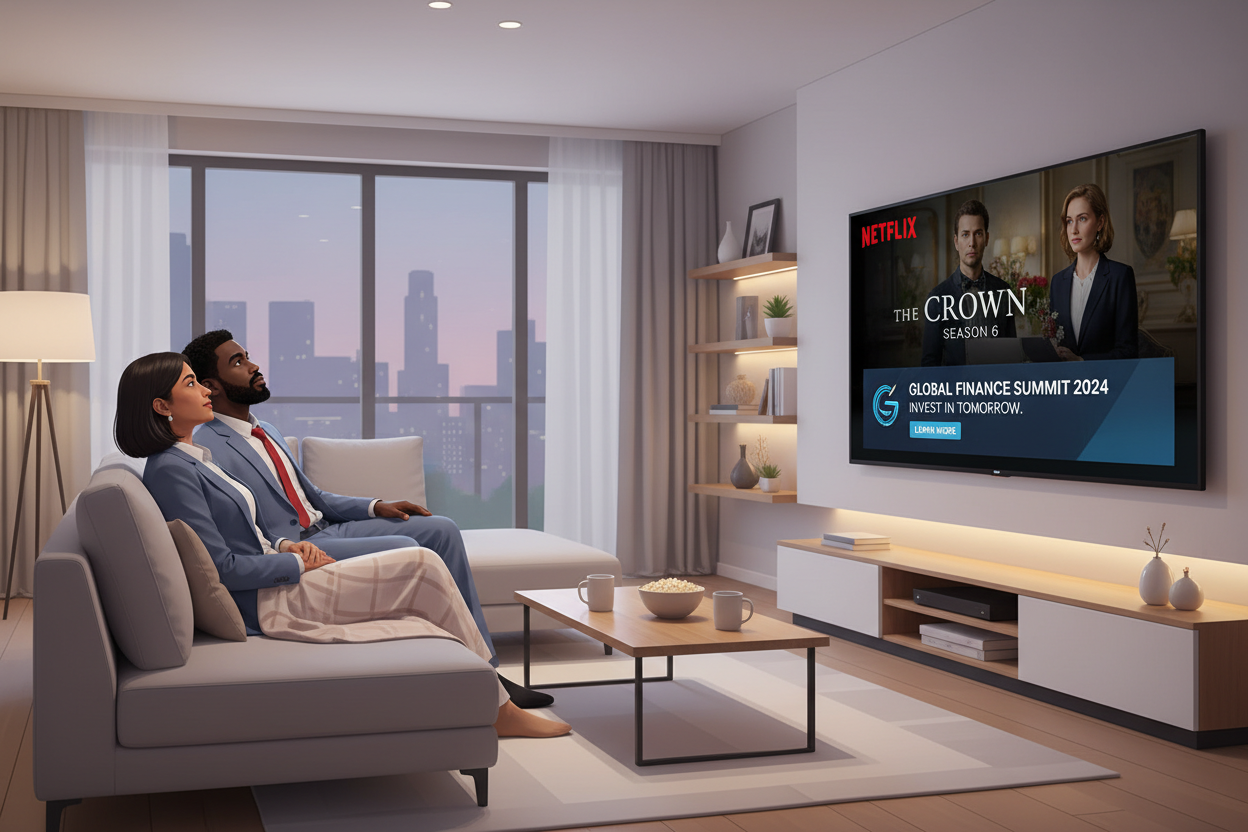 A high-quality photo of a modern, cozy living room where a diverse couple is watching a popular Netflix series on a large smart TV; a sleek, professional digital advertisement is visible on the screen, blending seamlessly with the premium streaming environment. A high-quality photo of a modern, cozy living room where a diverse couple is watching a popular Netflix series on a large smart TV; a sleek, professional digital advertisement is visible on the screen, blending seamlessly with the premium streaming environment.