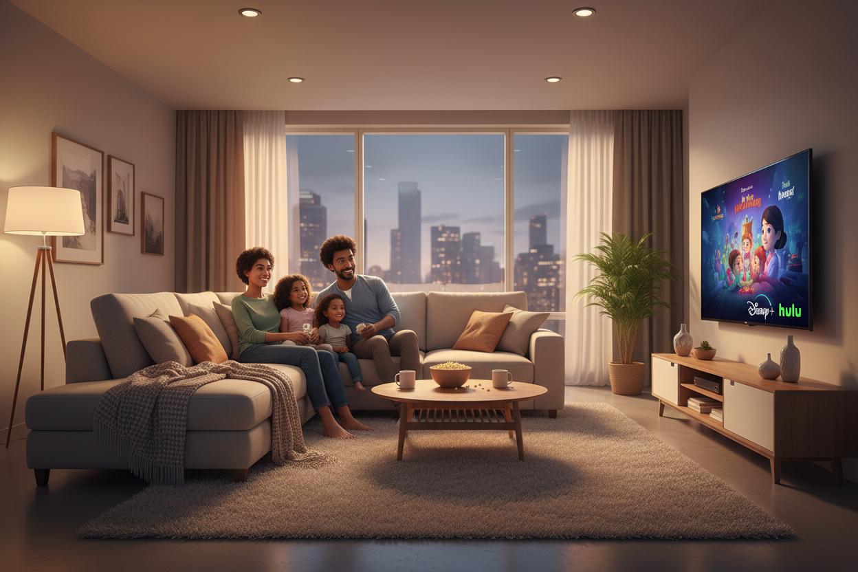 A high-quality photo-realistic image of a modern living room where a family is happily watching a movie on a large smart TV with the Disney+ and Hulu logos subtly visible, warm cinematic lighting, professional photography. A high-quality photo-realistic image of a modern living room where a family is happily watching a movie on a large smart TV with the Disney+ and Hulu logos subtly visible, warm cinematic lighting, professional photography.