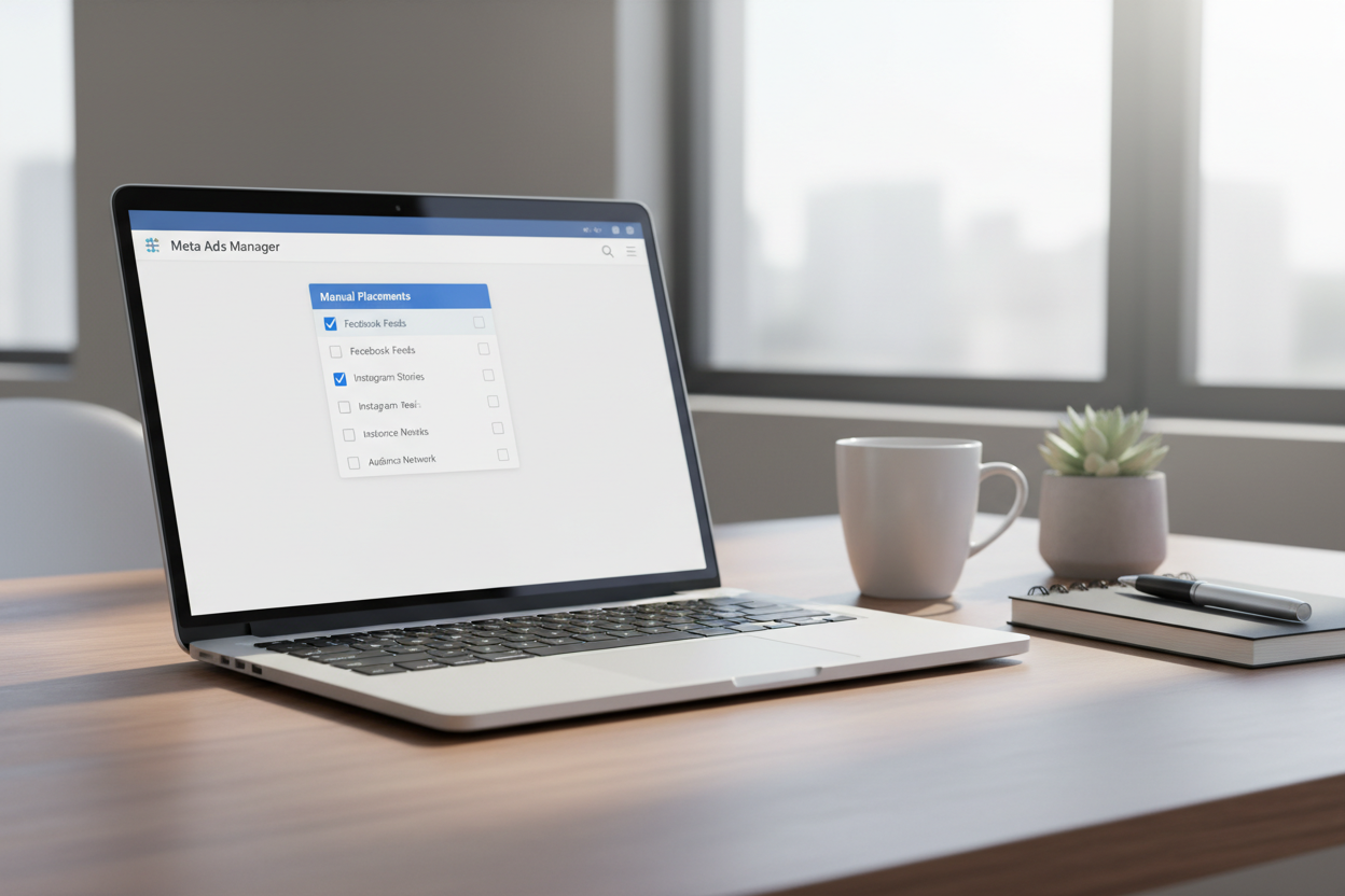 A high-quality, realistic photo of a modern office desk with a laptop displaying the Meta Ads Manager interface, specifically showing the Manual Placements section with the Instagram Reels checkbox highlighted in blue, soft natural lighting, professional atmosphere.