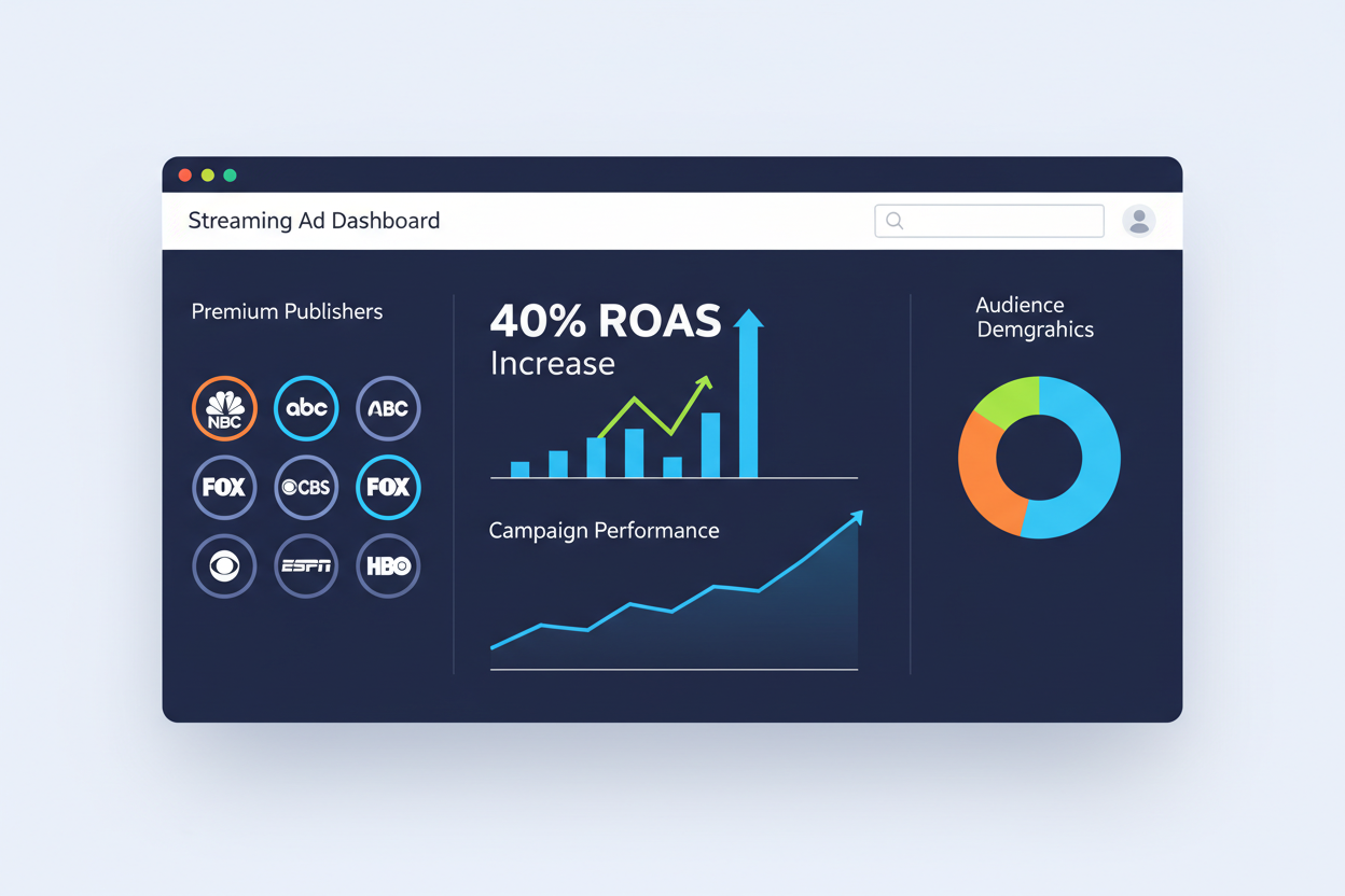 A high-resolution digital interface showing a modern streaming ad dashboard with colorful charts, a 40% ROAS increase graphic, and logos of premium TV publishers, professional lighting, 4k. A high-resolution digital interface showing a modern streaming ad dashboard with colorful charts, a 40% ROAS increase graphic, and logos of premium TV publishers, professional lighting, 4k.