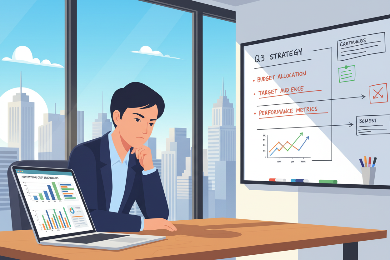 A modern office setting, with a sleek wooden desk in the foreground, featuring a laptop displaying graphs and charts related to advertising cost benchmarks for Facebook and Instagram ads. A professional-looking individual, dressed in business attire, leans over the desk, focused on analyzing the data, with a thoughtful expression. In the middle ground, a large window shows a sunny cityscape with skyscrapers, adding a vibrant feel to the atmosphere. The background includes a whiteboard filled with colorful markers, outlining key statistics and strategies, softly lit by natural light, creating an inviting and productive ambiance. The overall mood conveys professionalism and analytical depth, with soft colors and minimal clutter. A modern office setting, with a sleek wooden desk in the foreground, featuring a laptop displaying graphs and charts related to advertising cost benchmarks for Facebook and Instagram ads. A professional-looking individual, dressed in business attire, leans over the desk, focused on analyzing the data, with a thoughtful expression. In the middle ground, a large window shows a sunny cityscape with skyscrapers, adding a vibrant feel to the atmosphere. The background includes a whiteboard filled with colorful markers, outlining key statistics and strategies, softly lit by natural light, creating an inviting and productive ambiance. The overall mood conveys professionalism and analytical depth, with soft colors and minimal clutter.