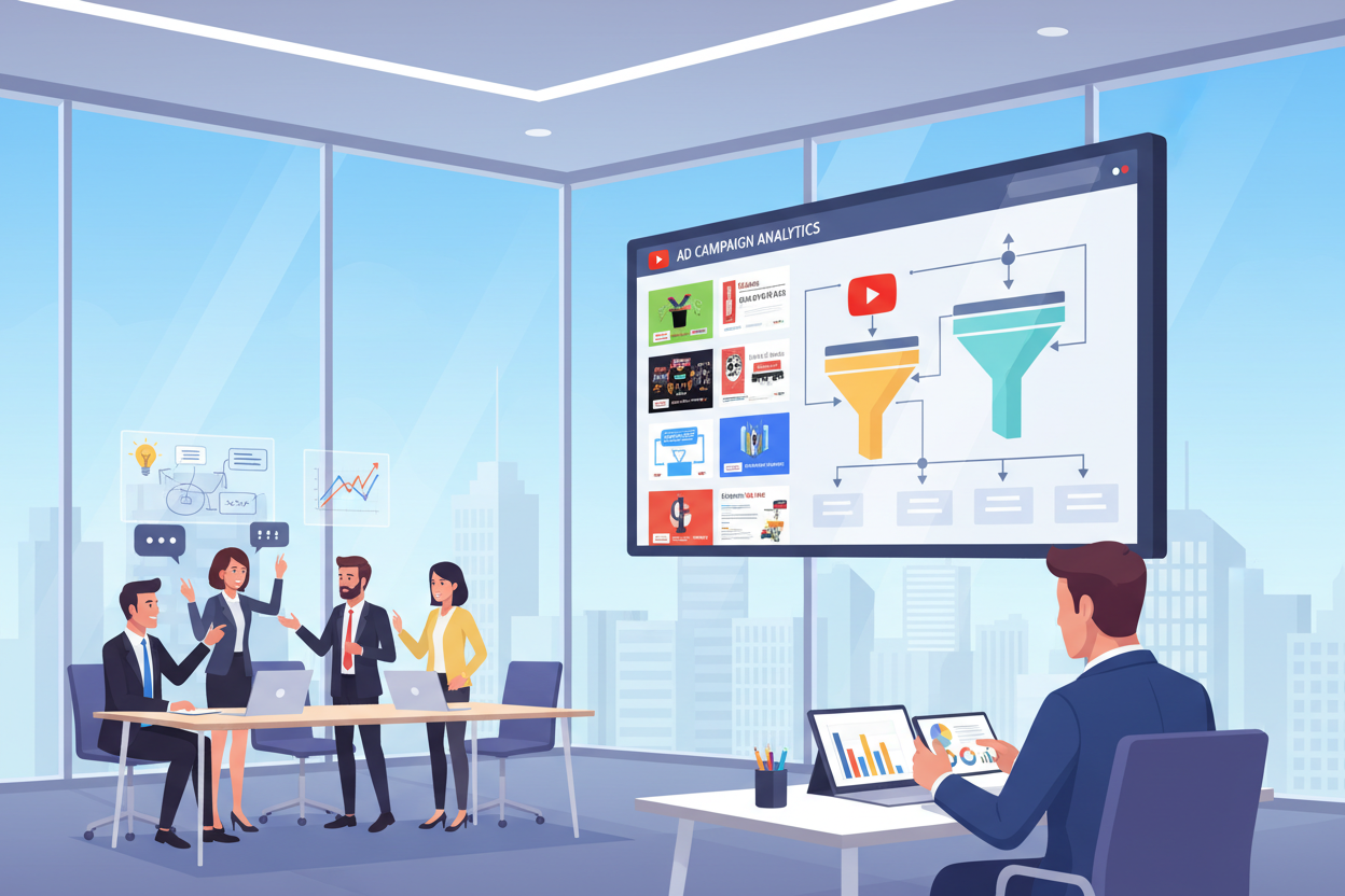 A modern, sleek office environment centered around a large screen displaying vibrant YouTube advertisements seamlessly integrated into a marketing funnel. In the foreground, a confident business professional wearing smart attire analyzes data on a tablet, embodying strategic planning. The middle of the scene captures a diverse group of colleagues gathered around a conference table, discussing ideas and pointing at visual charts, depicting collaboration and brainstorming. In the background, large windows allow soft, natural light to flood the room, creating an inviting atmosphere while showcasing a city skyline. The image should evoke a sense of teamwork, innovation, and the dynamic potential of digital advertising, with a clean and simplistic aesthetic that avoids clutter and maintains focus. A modern, sleek office environment centered around a large screen displaying vibrant YouTube advertisements seamlessly integrated into a marketing funnel. In the foreground, a confident business professional wearing smart attire analyzes data on a tablet, embodying strategic planning. The middle of the scene captures a diverse group of colleagues gathered around a conference table, discussing ideas and pointing at visual charts, depicting collaboration and brainstorming. In the background, large windows allow soft, natural light to flood the room, creating an inviting atmosphere while showcasing a city skyline. The image should evoke a sense of teamwork, innovation, and the dynamic potential of digital advertising, with a clean and simplistic aesthetic that avoids clutter and maintains focus.