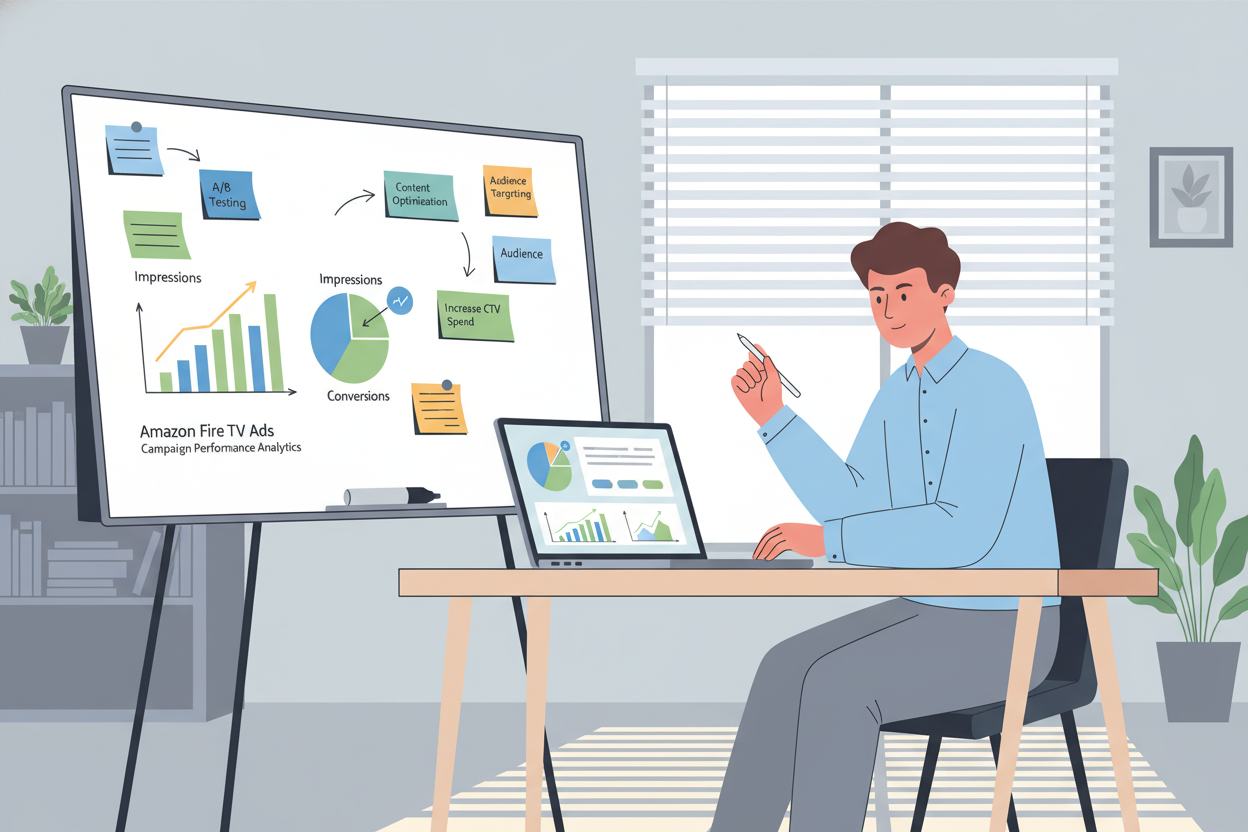 A modern workspace showcasing Amazon Fire TV advertising performance analytics. In the foreground, a sleek laptop displays vibrant graphs and charts illustrating campaign performance metrics, such as impressions and conversions. A professional, focused person in business casual attire is seated at the desk, analyzing the data, with a look of determination. In the middle ground, a whiteboard filled with colorful notes and strategies for improving campaign performance adds context. The background features a bright, well-organized office with soft, natural lighting filtering through window blinds, creating a productive and collaborative atmosphere. The color palette is soft and soothing, with a focus on blues and greens to convey a sense of growth and progress.