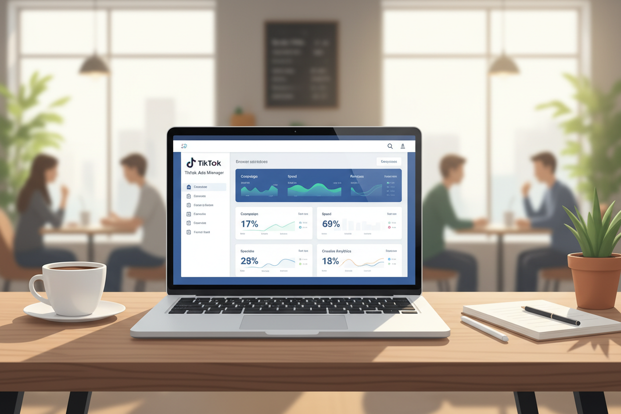A professional and clean digital dashboard of the TikTok Ads Manager interface on a laptop screen, placed on a modern wooden desk in a bright local coffee shop, high quality, soft natural lighting. A professional and clean digital dashboard of the TikTok Ads Manager interface on a laptop screen, placed on a modern wooden desk in a bright local coffee shop, high quality, soft natural lighting.