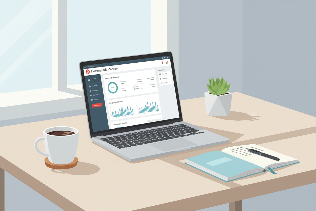A professional and clean digital workspace showing a laptop screen with a Pinterest Ads Manager dashboard, surrounded by a cup of coffee and a notebook, high quality, soft natural lighting. A professional and clean digital workspace showing a laptop screen with a Pinterest Ads Manager dashboard, surrounded by a cup of coffee and a notebook, high quality, soft natural lighting.