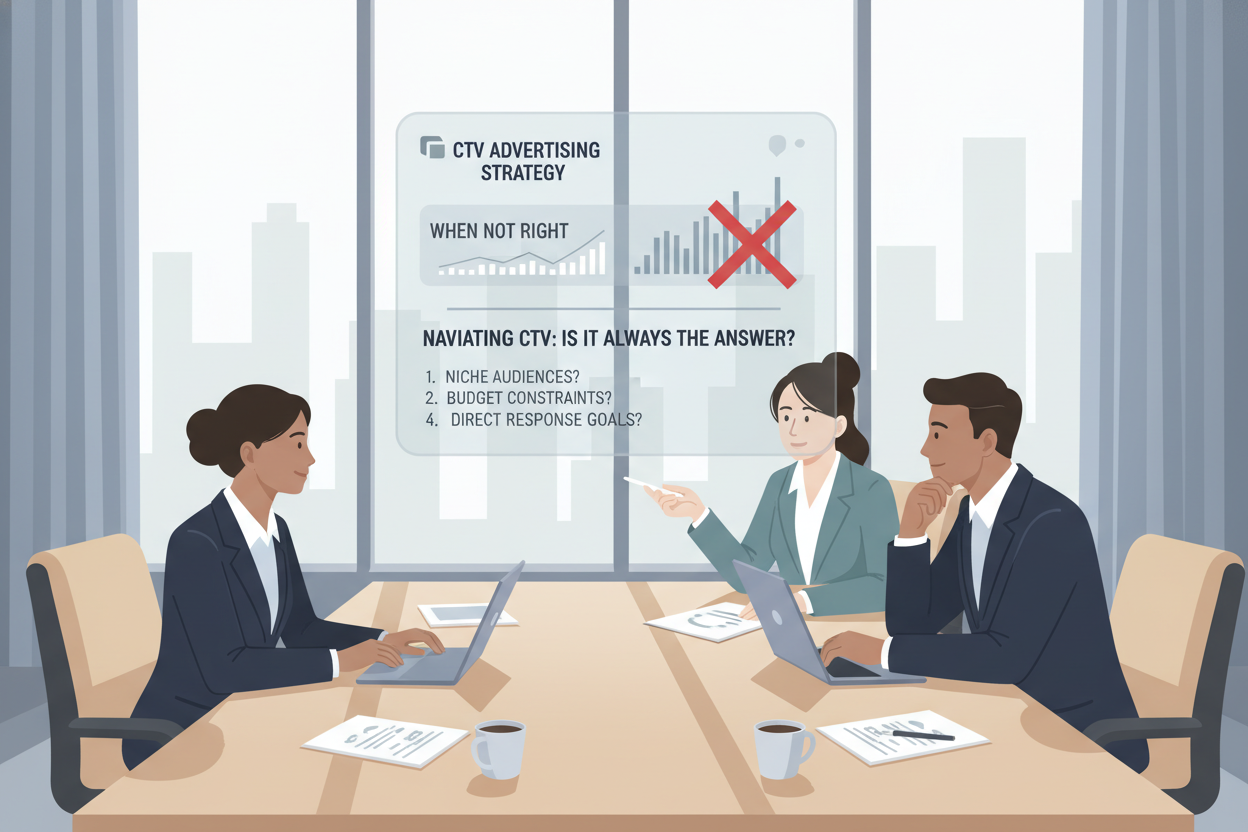 A professional business meeting room setting with a sleek, modern design. In the foreground, a diverse group of three individuals in formal business attire engaged in a discussion, analyzing a digital marketing strategy on a large screen. The middle ground features a minimalist conference table with a few digital devices and notepads, conveying an atmosphere of collaboration and critical thinking. The background showcases large windows with soft, natural light filtering in, casting gentle shadows that enhance the mood of focus and analysis. The color palette remains soft with muted tones to avoid distraction, ensuring that the emphasis is on the individuals and their exchange, reflecting the theme of exploring when CTV isn't the right advertising choice. A professional business meeting room setting with a sleek, modern design. In the foreground, a diverse group of three individuals in formal business attire engaged in a discussion, analyzing a digital marketing strategy on a large screen. The middle ground features a minimalist conference table with a few digital devices and notepads, conveying an atmosphere of collaboration and critical thinking. The background showcases large windows with soft, natural light filtering in, casting gentle shadows that enhance the mood of focus and analysis. The color palette remains soft with muted tones to avoid distraction, ensuring that the emphasis is on the individuals and their exchange, reflecting the theme of exploring when CTV isn't the right advertising choice.