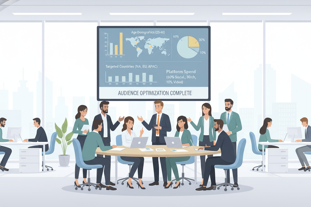 A professional marketing team strategizing in a modern office setting, focusing on targeting their specific audience to optimize ad spending. In the foreground, diverse professionals in business attire discuss around a large conference table, analyzing charts on laptops and papers. The middle ground features a large digital screen displaying demographic graphs and targeted marketing data. The background shows a bright, airy office with large windows, soft natural light pouring in, emphasizing collaboration and innovation. The overall mood is focused and productive, with a color palette of soft blues and greens to create a calm yet energetic atmosphere. A professional marketing team strategizing in a modern office setting, focusing on targeting their specific audience to optimize ad spending. In the foreground, diverse professionals in business attire discuss around a large conference table, analyzing charts on laptops and papers. The middle ground features a large digital screen displaying demographic graphs and targeted marketing data. The background shows a bright, airy office with large windows, soft natural light pouring in, emphasizing collaboration and innovation. The overall mood is focused and productive, with a color palette of soft blues and greens to create a calm yet energetic atmosphere.