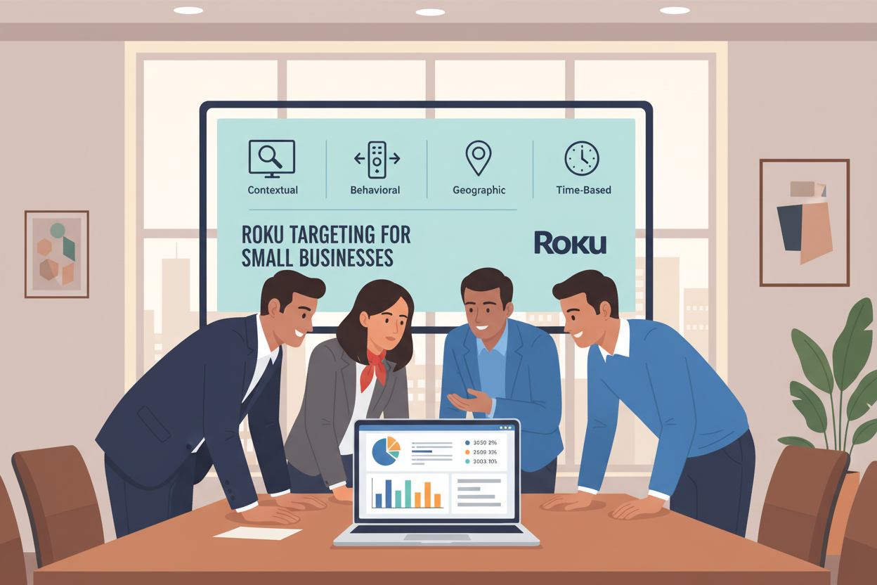 A professional, modern office setting showcasing various Roku targeting options for small business audiences. In the foreground, a sleek wooden conference table with a laptop open, displaying vibrant graphs and metrics. In the middle, a diverse group of four businesspeople in professional attire, engaged in a discussion and pointing at the laptop screen. The background features a large screen displaying colorful infographics related to Roku advertising strategies, accented by soft, natural lighting from large windows. The mood is collaborative and innovative, emphasizing the importance of effective marketing strategies. The color palette is soft and warm, creating an inviting atmosphere, while ensuring a clear focus on the subject matter without clutter or distractions.