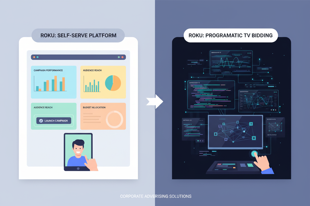 A professional split-screen graphic comparing a user-friendly marketing dashboard on one side and a high-tech data stream for television bidding on the other, representing Roku's two buying methods.
