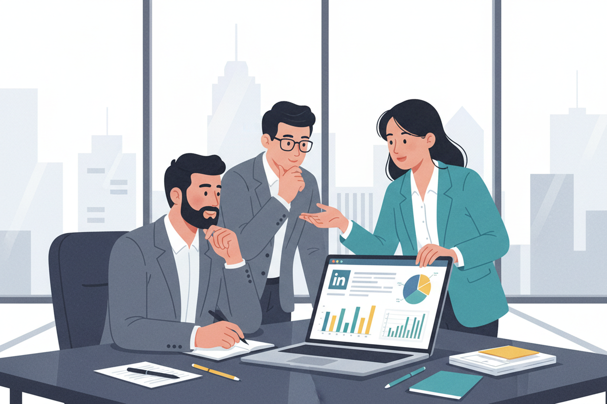 A professional workspace featuring a diverse group of three businesspeople engaged in a collaborative discussion about LinkedIn Ads optimization. In the foreground, a laptop displays colorful analytics graphs and metrics for ad performance, set on a sleek desk with notepads and pens. In the middle, the team analyzes the data: one person, a woman in a smart blazer, points at the laptop screen, while a man in a business suit takes notes. The background showcases a bright, modern office with large windows, soft natural light pouring in, casting gentle shadows. The atmosphere is focused and productive, embodying teamwork and strategic planning in a professional setting.