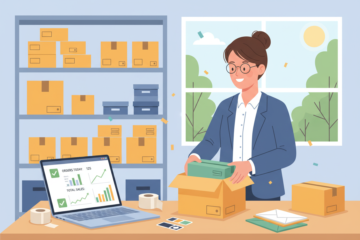 A small business owner happily packaging orders in a bright warehouse, a laptop nearby showing an active Amazon Seller central dashboard, encouraging and optimistic atmosphere. A small business owner happily packaging orders in a bright warehouse, a laptop nearby showing an active Amazon Seller central dashboard, encouraging and optimistic atmosphere.
