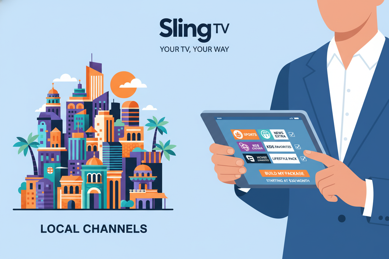 A split-screen digital illustration showing a local city skyline on one side and a close-up of a person selecting a custom "a la carte" channel package on a sleek tablet on the other side, representing Sling TV's flexible targeting options. A split-screen digital illustration showing a local city skyline on one side and a close-up of a person selecting a custom "a la carte" channel package on a sleek tablet on the other side, representing Sling TV's flexible targeting options.