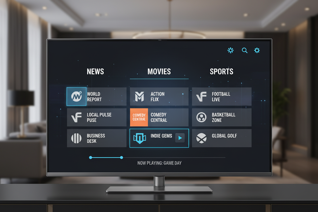 A television screen showing a live channel guide with many different categories like News, Movies, and Sports, styled in a sleek dark interface. A television screen showing a live channel guide with many different categories like News, Movies, and Sports, styled in a sleek dark interface.