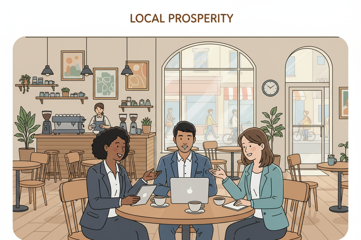 A vibrant and inviting scene showcasing a small local business setting. In the foreground, a diverse group of three professionals dressed in smart casual attire discuss strategies over a laptop and a notepad at a cozy coffee shop table. The middle ground features a welcoming coffee shop with wooden furniture and warm lighting, decorated with plants and local artwork, creating an atmosphere of community and collaboration. In the background, large windows reveal a bustling street with people walking by, highlighting the lively local environment. The overall mood is optimistic and focused on growth, with soft, natural lighting illuminating the scene, ideal for conveying the essence of small business success. A vibrant and inviting scene showcasing a small local business setting. In the foreground, a diverse group of three professionals dressed in smart casual attire discuss strategies over a laptop and a notepad at a cozy coffee shop table. The middle ground features a welcoming coffee shop with wooden furniture and warm lighting, decorated with plants and local artwork, creating an atmosphere of community and collaboration. In the background, large windows reveal a bustling street with people walking by, highlighting the lively local environment. The overall mood is optimistic and focused on growth, with soft, natural lighting illuminating the scene, ideal for conveying the essence of small business success.