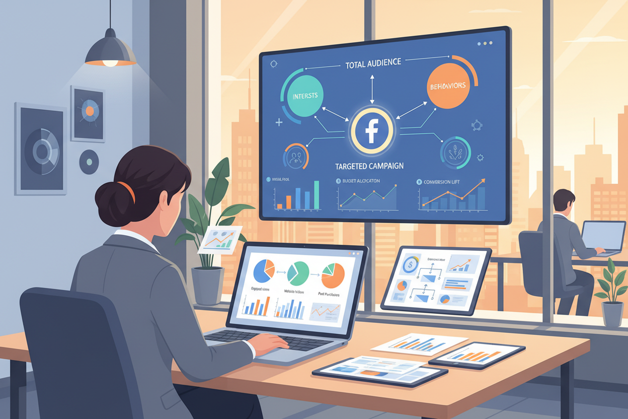 A vibrant digital workspace scene showcasing the concept of segmenting retargeting audiences for Facebook ads. In the foreground, a professional woman in business attire is analyzing data on a laptop, intently focused. She's surrounded by neatly arranged charts and graphs on a sleek desk, illustrating audience segments, with vibrant colors like blue, green, and orange to signify different groups. In the middle ground, a large screen displays dynamic visualizations of audience metrics and efficient budget allocation strategies. The background features a modern office environment with soft, warm lighting creating a productive atmosphere. The angles are slightly angled, giving a sense of depth and focus on the central theme, while keeping the overall composition clean and professional, void of any clutter or distractions. A vibrant digital workspace scene showcasing the concept of segmenting retargeting audiences for Facebook ads. In the foreground, a professional woman in business attire is analyzing data on a laptop, intently focused. She's surrounded by neatly arranged charts and graphs on a sleek desk, illustrating audience segments, with vibrant colors like blue, green, and orange to signify different groups. In the middle ground, a large screen displays dynamic visualizations of audience metrics and efficient budget allocation strategies. The background features a modern office environment with soft, warm lighting creating a productive atmosphere. The angles are slightly angled, giving a sense of depth and focus on the central theme, while keeping the overall composition clean and professional, void of any clutter or distractions.