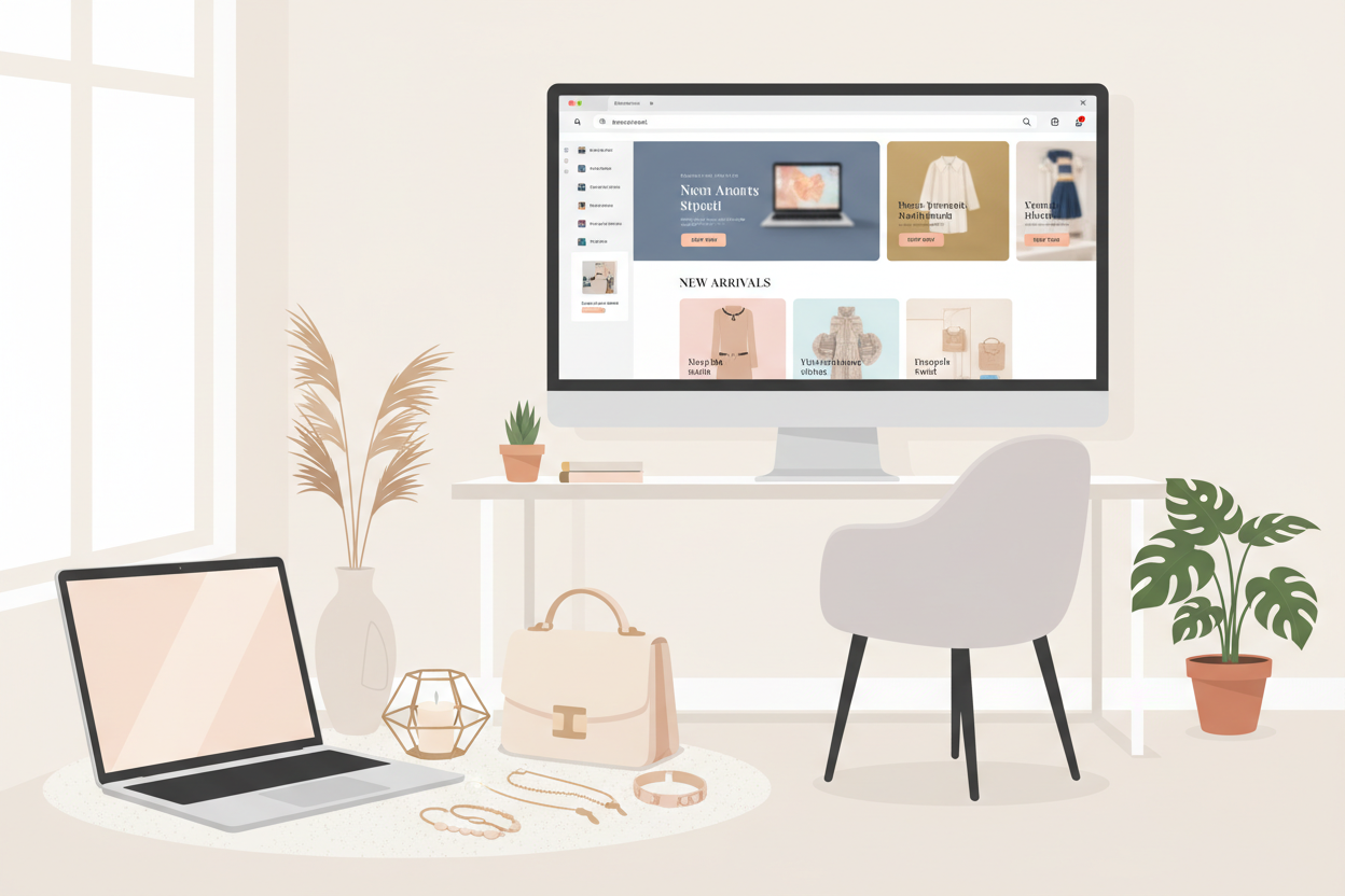 A visually captivating scene showcasing high-quality Pinterest ads for ecommerce products. In the foreground, elegantly arranged diverse products—a sleek modern laptop, artisanal home decor, and stylish fashion accessories—highlight their premium nature. In the middle ground, a chic workspace with a minimalist aesthetic, featuring soft lighting that creates a warm and inviting atmosphere. In the background, a blurred Pinterest interface on a computer screen displays visually appealing ad layouts, emphasizing their professional design. The overall mood is aspirational and inspiring, invoking a sense of creativity and success in ecommerce. Soft pastel colors dominate the palette, with a focus on subtle elegance and clarity, ensuring the image is clean and uncluttered. A visually captivating scene showcasing high-quality Pinterest ads for ecommerce products. In the foreground, elegantly arranged diverse products—a sleek modern laptop, artisanal home decor, and stylish fashion accessories—highlight their premium nature. In the middle ground, a chic workspace with a minimalist aesthetic, featuring soft lighting that creates a warm and inviting atmosphere. In the background, a blurred Pinterest interface on a computer screen displays visually appealing ad layouts, emphasizing their professional design. The overall mood is aspirational and inspiring, invoking a sense of creativity and success in ecommerce. Soft pastel colors dominate the palette, with a focus on subtle elegance and clarity, ensuring the image is clean and uncluttered.