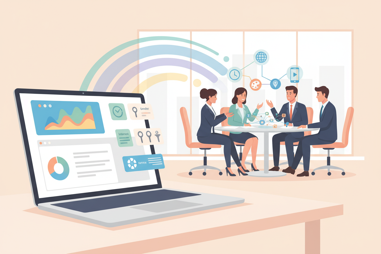 A visually engaging digital illustration of layered targeting options for OTT advertising. In the foreground, display a sleek, modern laptop with a vibrant screen showcasing a graphical user interface filled with colorful charts and targeting filters. In the middle ground, depict a diverse group of professionals in business attire discussing strategies around a glass table, highlighting collaboration. The background features a softly lit office space with abstract representations of data streams and icons symbolizing audience segments like age, interests, and locations. Use soft, harmonious colors to create an approachable atmosphere. The lighting should be warm and inviting, capturing a sense of innovation and determination, while the overall composition remains uncluttered and focused on the central theme of strategic targeting in advertising. A visually engaging digital illustration of layered targeting options for OTT advertising. In the foreground, display a sleek, modern laptop with a vibrant screen showcasing a graphical user interface filled with colorful charts and targeting filters. In the middle ground, depict a diverse group of professionals in business attire discussing strategies around a glass table, highlighting collaboration. The background features a softly lit office space with abstract representations of data streams and icons symbolizing audience segments like age, interests, and locations. Use soft, harmonious colors to create an approachable atmosphere. The lighting should be warm and inviting, capturing a sense of innovation and determination, while the overall composition remains uncluttered and focused on the central theme of strategic targeting in advertising.
