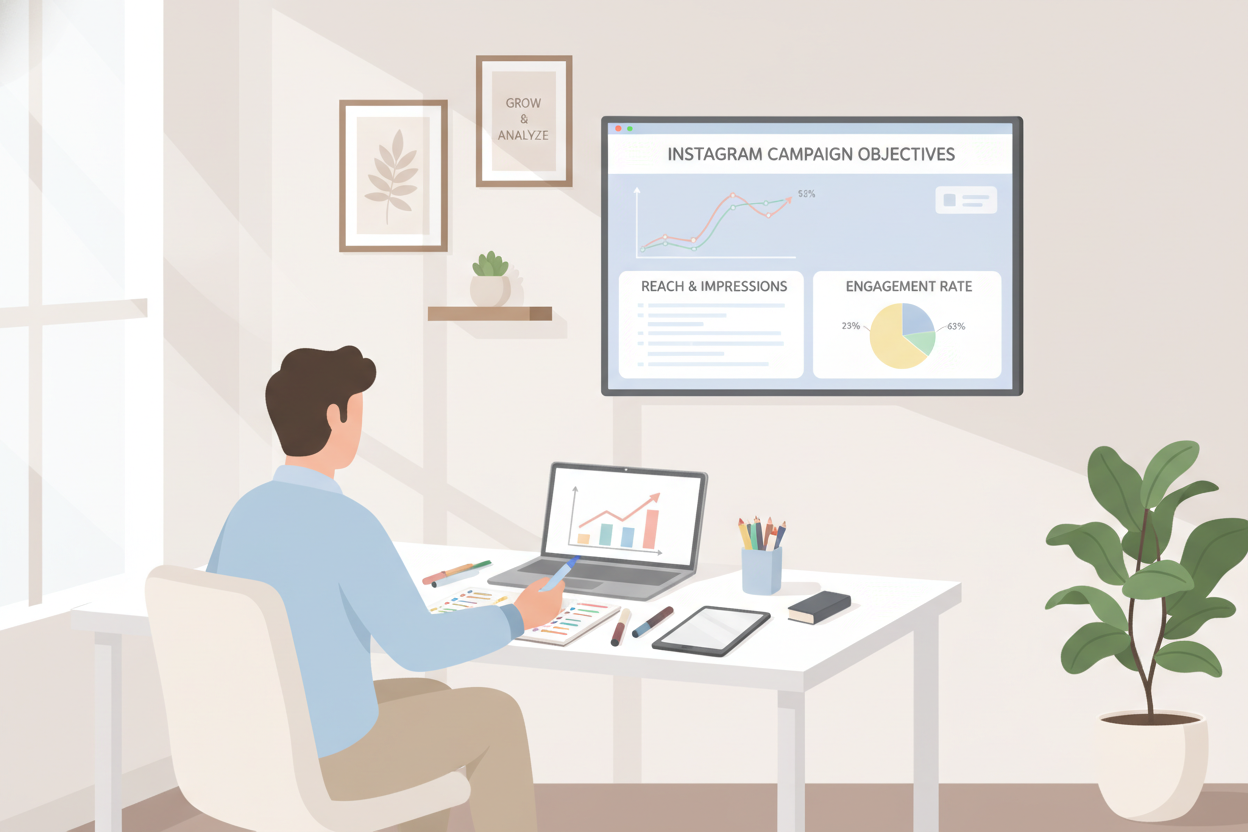 A well-organized workspace featuring a professional, focused individual analyzing marketing data on a laptop. In the foreground, the person is dressed in smart casual attire, seated at a clean desk with a notepad and colorful markers, depicting brainstorming sessions. In the middle, a large screen displays a clear visualization of Instagram campaign objectives, highlighting metrics and graphs in soft pastel colors. The background features subtle decor, such as potted plants and inspirational quotes framed on the wall, creating a motivating atmosphere. Soft, diffused lighting from a nearby window adds warmth and clarity, emphasizing a serene yet productive mood. The overall composition should maintain a clean and uncluttered aesthetic, allowing the viewer to focus on the concept of strategic advertising.